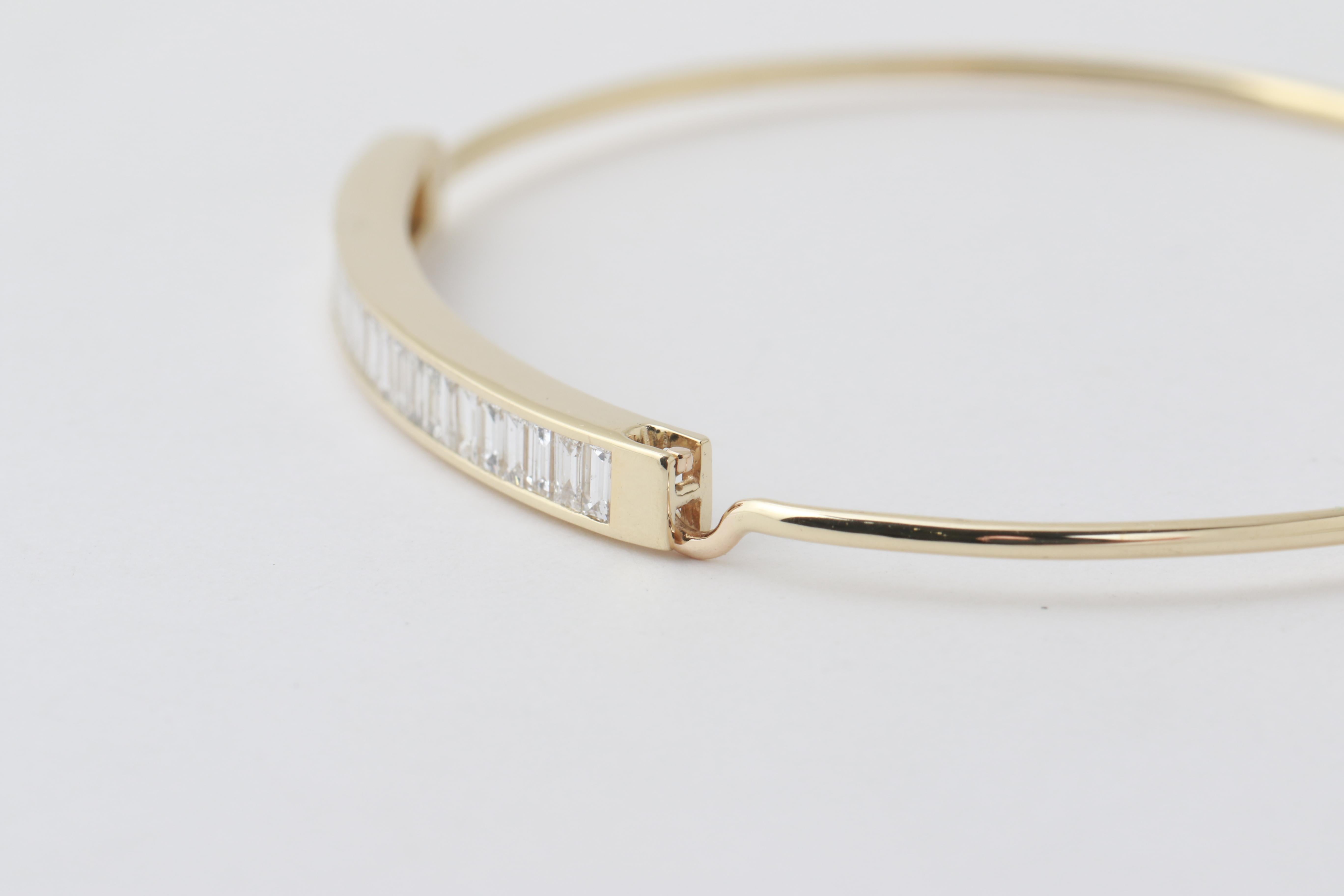 14k Yellow Gold Channel Set Diamond Baguette Cuff Bracelet  In New Condition For Sale In Brooklyn, NY