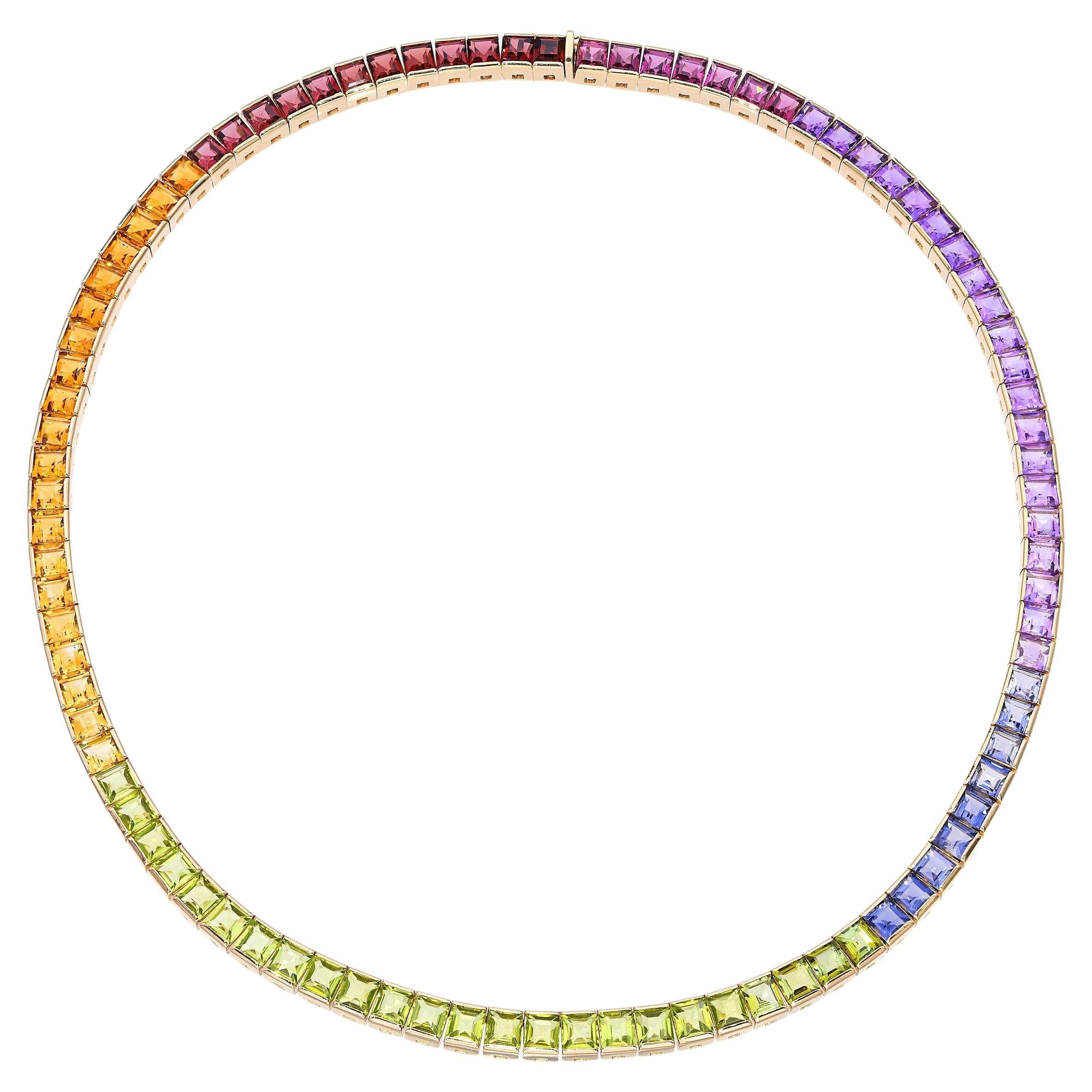 14k Yellow Gold Channel Set Multi-Gemstone Rainbow Ombre Line Necklace