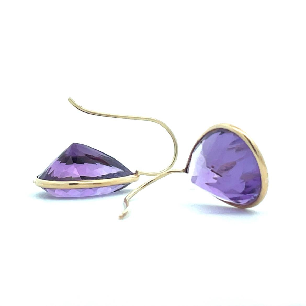 Contemporary 14K Yellow Gold Channel Set Purple Teardrop Amethyst Handmade Earrings  For Sale