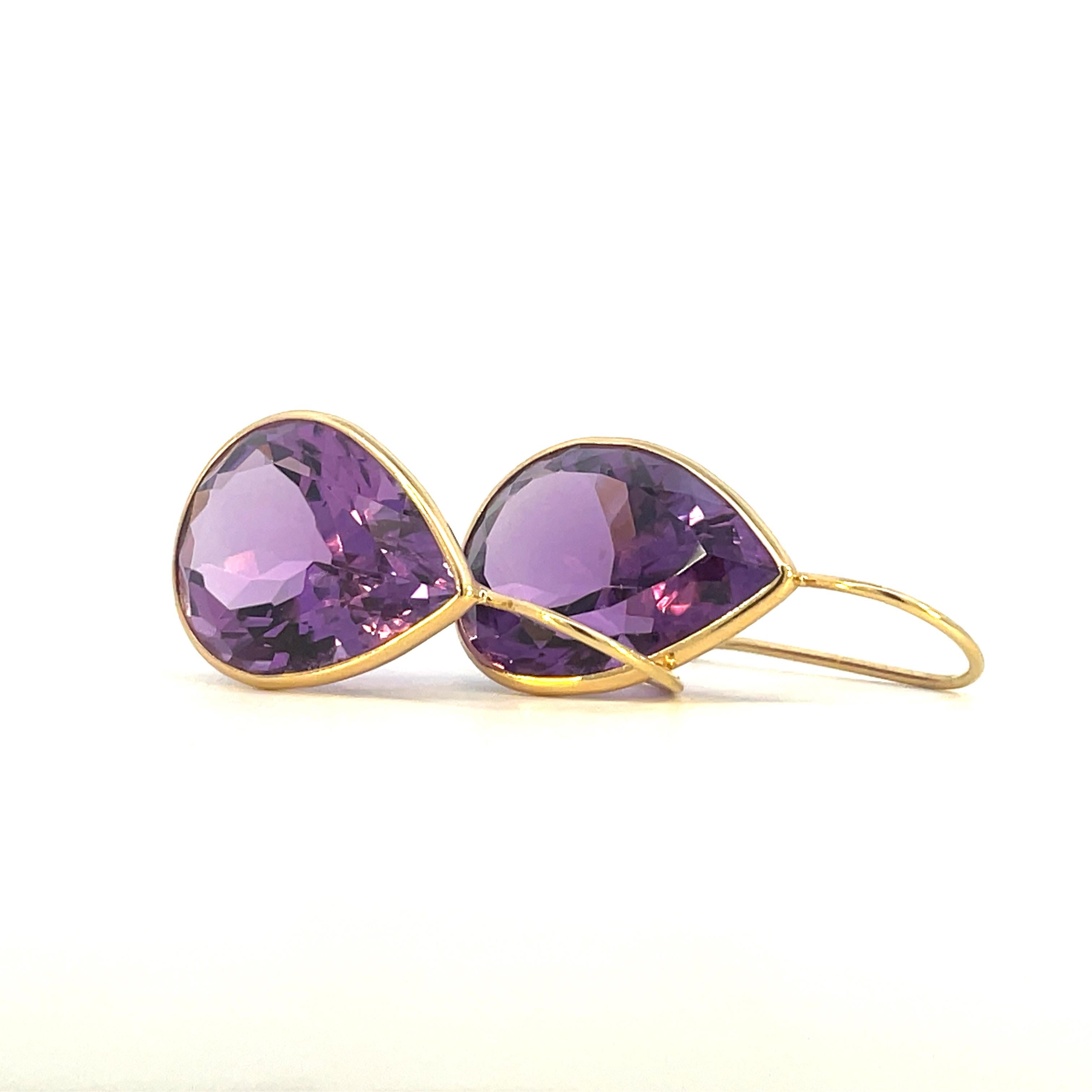 Pear Cut 14K Yellow Gold Channel Set Purple Teardrop Amethyst Handmade Earrings  For Sale