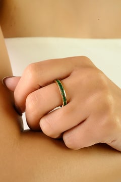 14K Yellow Gold Channel-Set Square Cut Natural Emerald Half Band Ring For Women