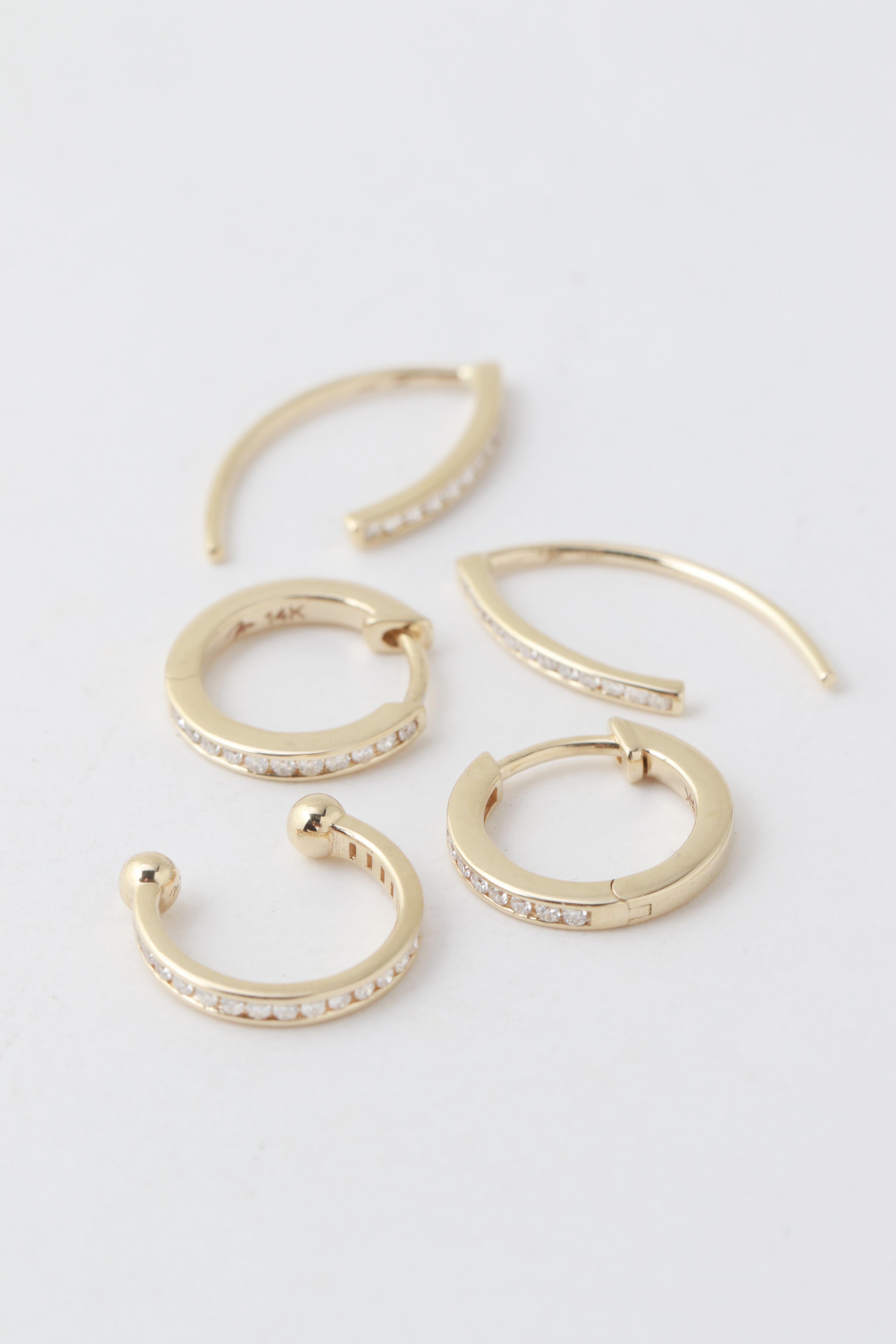 Women's or Men's 14k Yellow Gold Channel Set White Diamond Wishbone Earrings For Sale