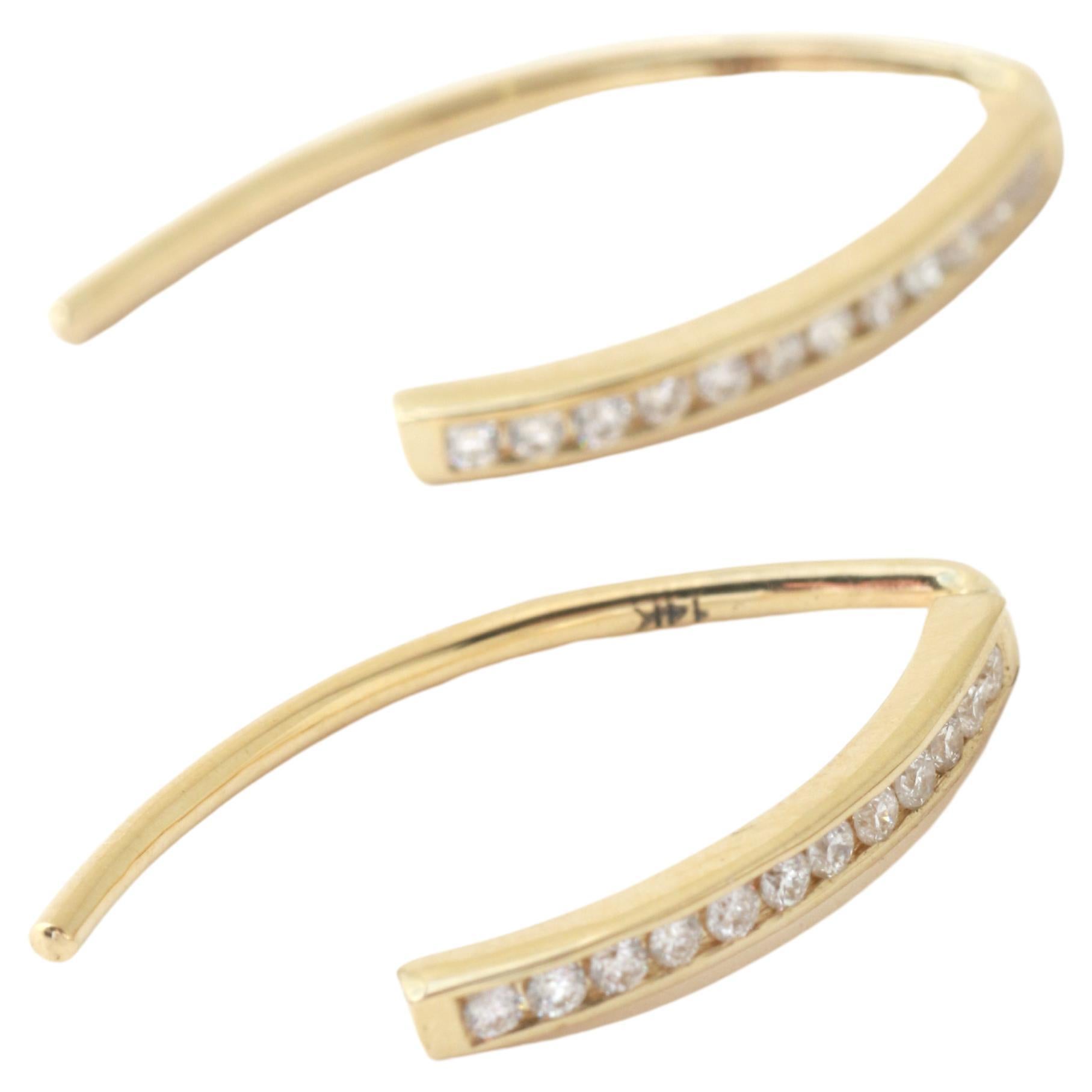 14k Yellow Gold Channel Set White Diamond Wishbone Earrings For Sale