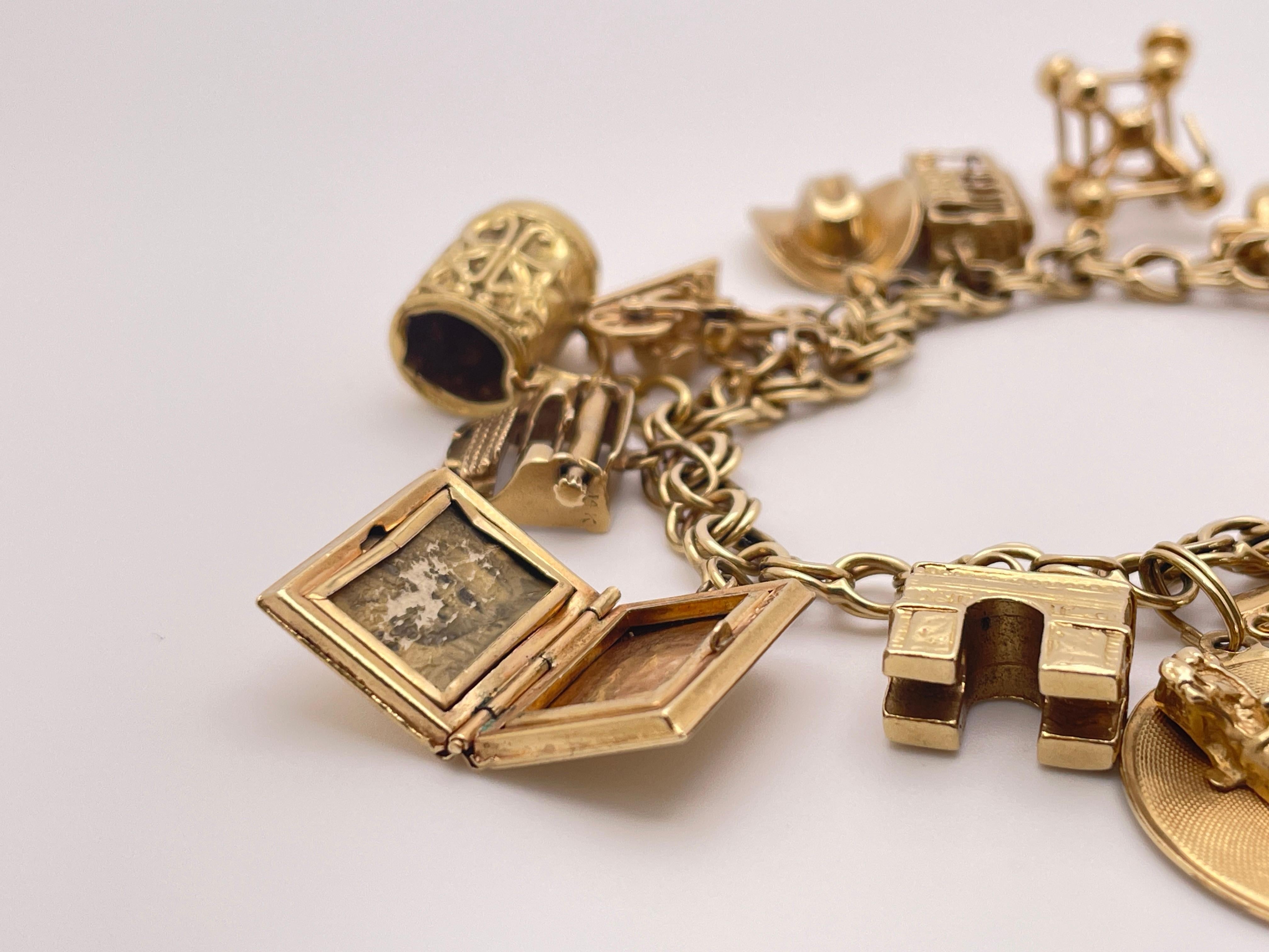 14K Yellow Gold Charm Bracelet with 14K & 10K Charms For Sale 9