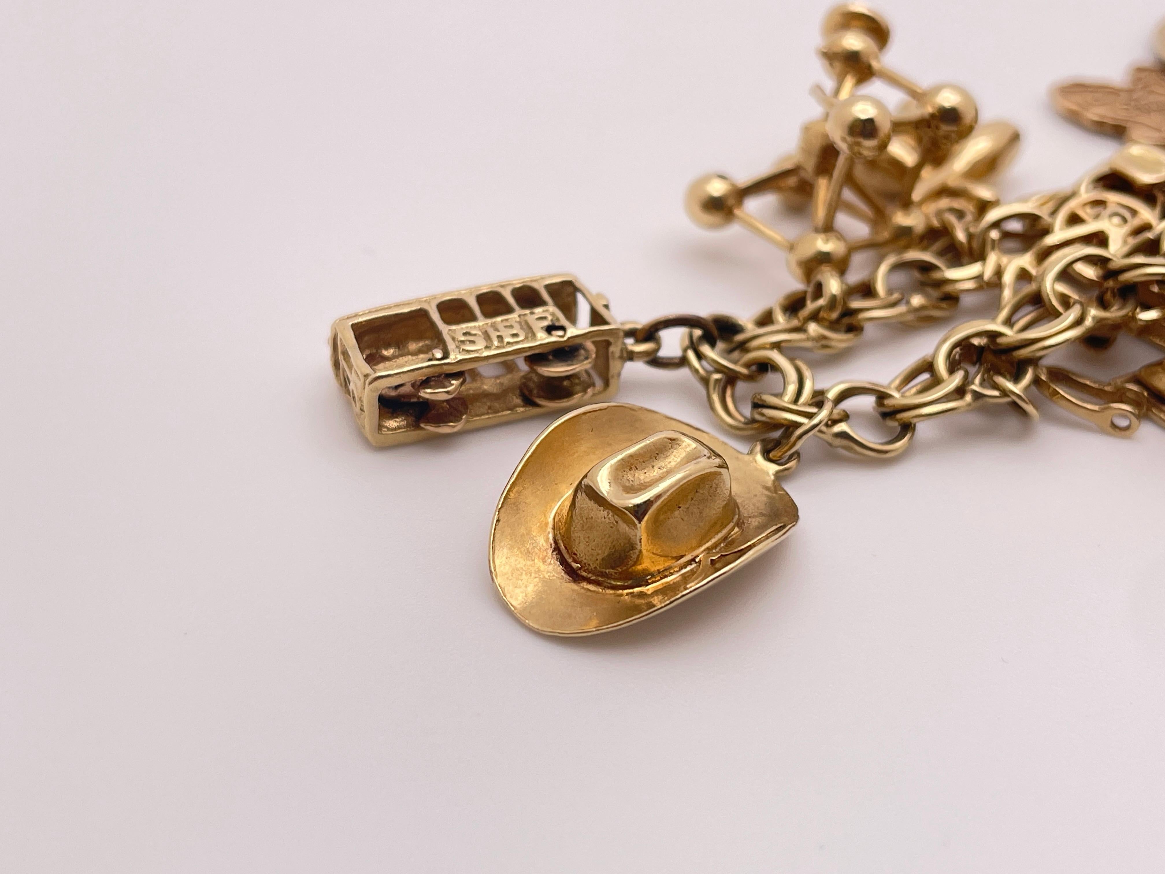 14K Yellow Gold Charm Bracelet with 14K & 10K Charms For Sale 11