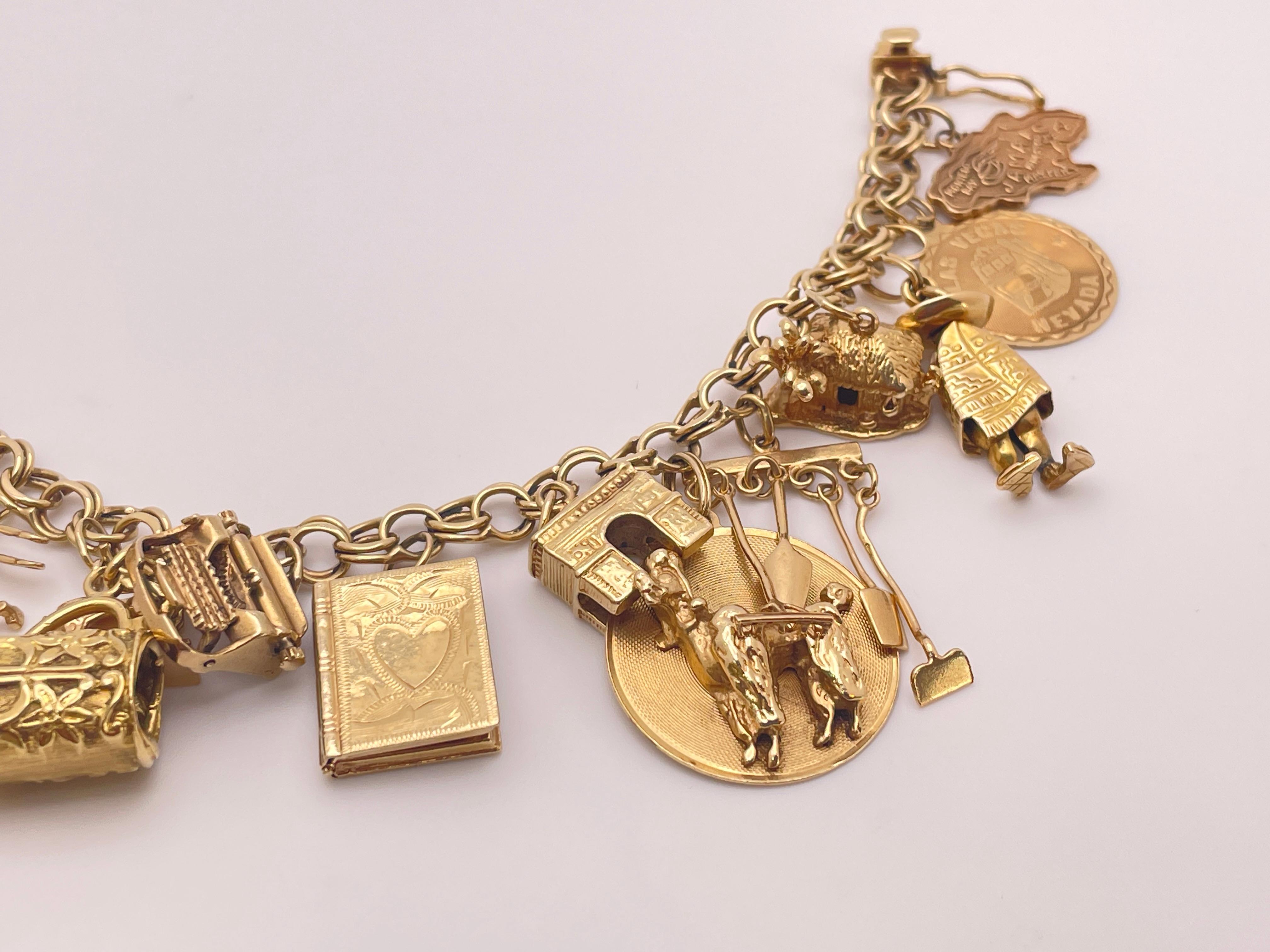 Women's or Men's 14K Yellow Gold Charm Bracelet with 14K & 10K Charms For Sale