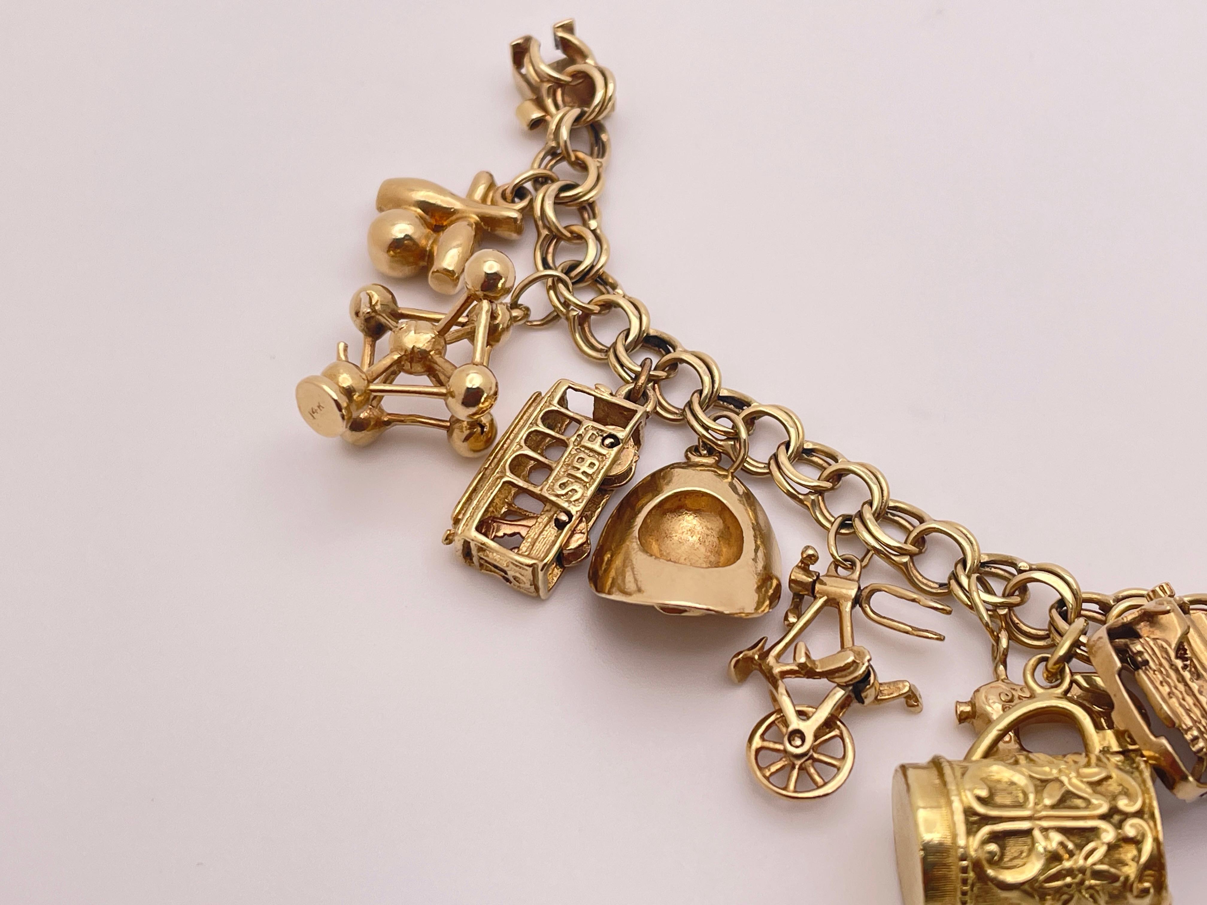 14K Yellow Gold Charm Bracelet with 14K & 10K Charms For Sale 2