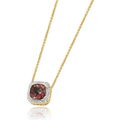 14k Yellow Gold Checkerboard Cushion Cut Pink Tourmaline and Diamond Necklace