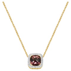 14k Yellow Gold Checkerboard Cushion Cut Pink Tourmaline and Diamond Necklace