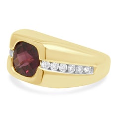 14K Yellow Gold Checkerboard Cushion Cut Rhodolite Garnet and Round Diamond Ring