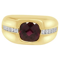 14K Yellow Gold Checkerboard Cushion Cut Rhodolite Garnet and Round Diamond Ring