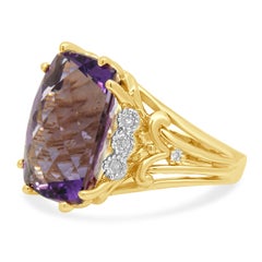 14K Yellow Gold Checkerboard Elongated Cushion Cut Amethyst and Diamond Ring