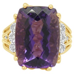 14K Yellow Gold Checkerboard Elongated Cushion Cut Amethyst and Diamond Ring