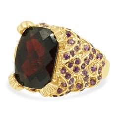 14K Yellow Gold Checkerboard Elongated Cushion Cut Garnet and Pink Topaz Ring