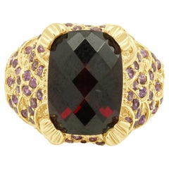 14K Yellow Gold Checkerboard Elongated Cushion Cut Garnet and Pink Topaz Ring