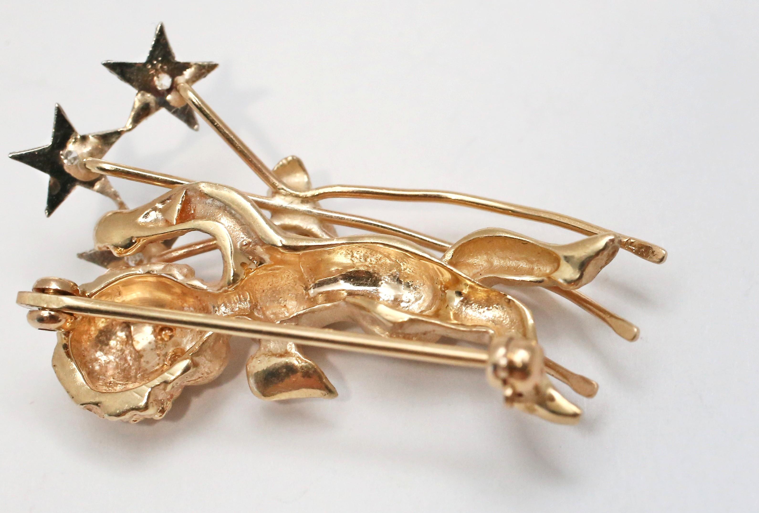 14k Yellow Gold Cherub Diamond Star Brooch, 6.3g For Sale 3