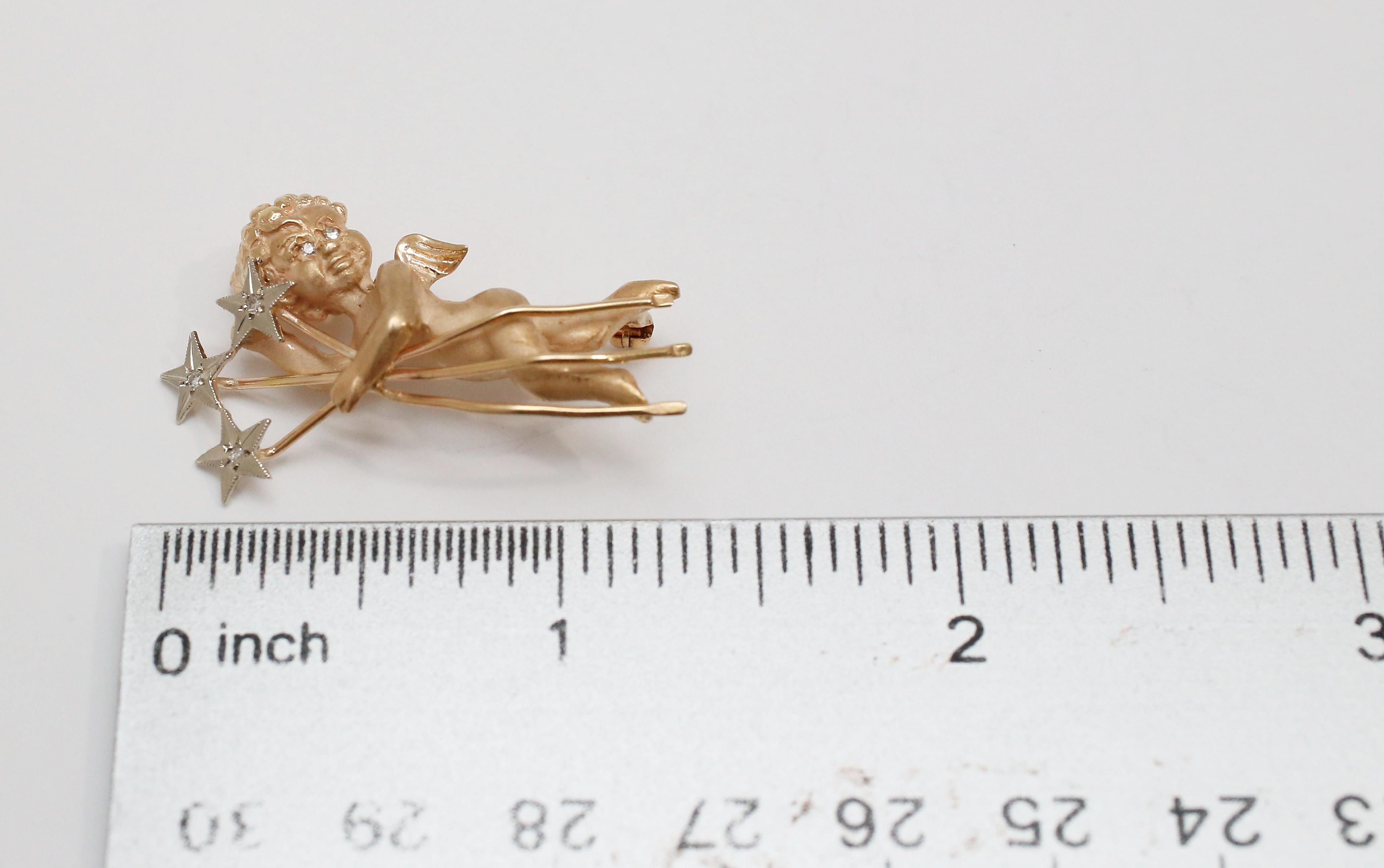 14k Yellow Gold Cherub Diamond Star Brooch, 6.3g For Sale 4