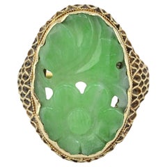 14K Gelbgold Chinesisch geschnitzte Jade Ring - • Größe 7 - • 5.33g - • Natürliche grüne Jade