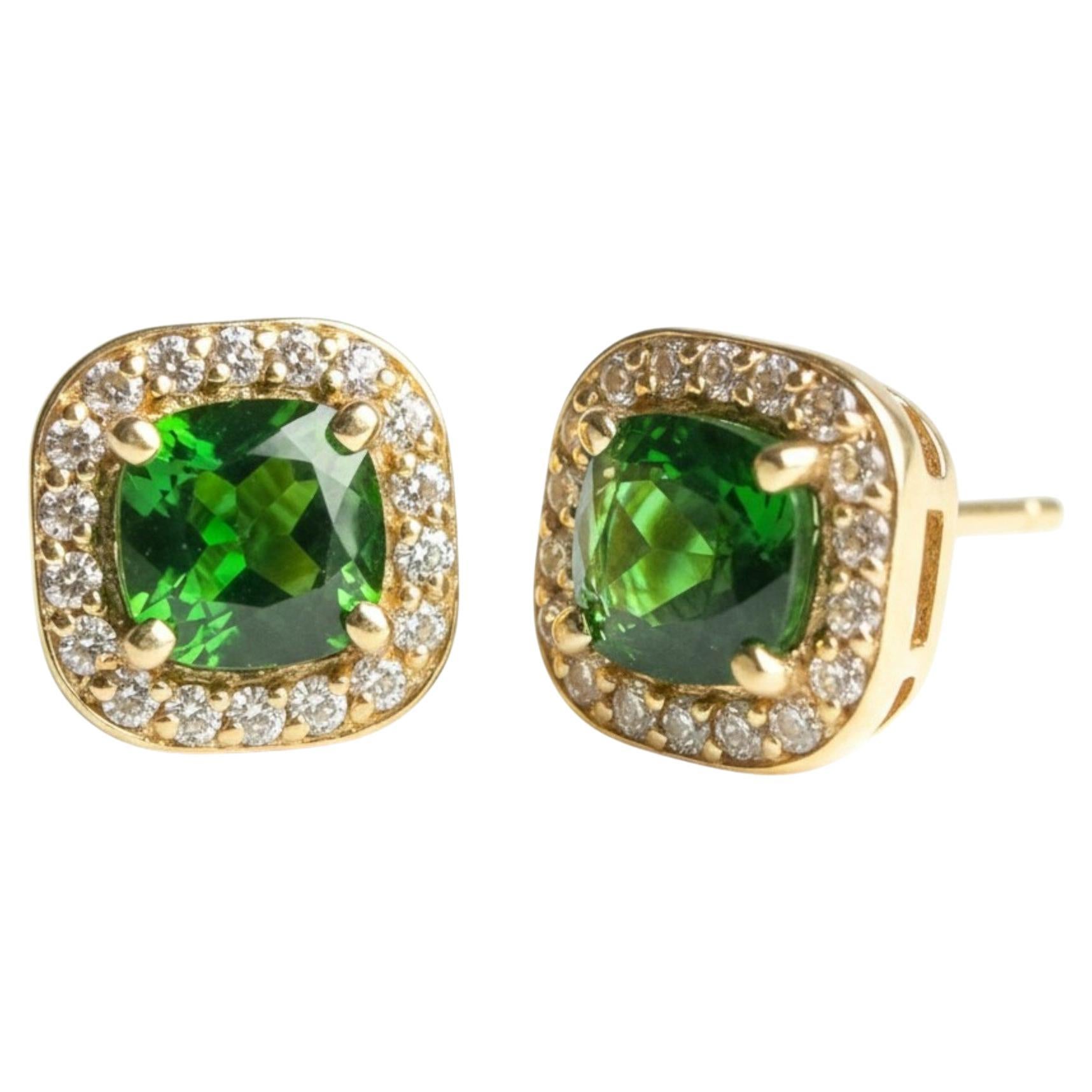 Boucles d'oreilles Halo en or jaune 14K avec diopside chromé en vente 2