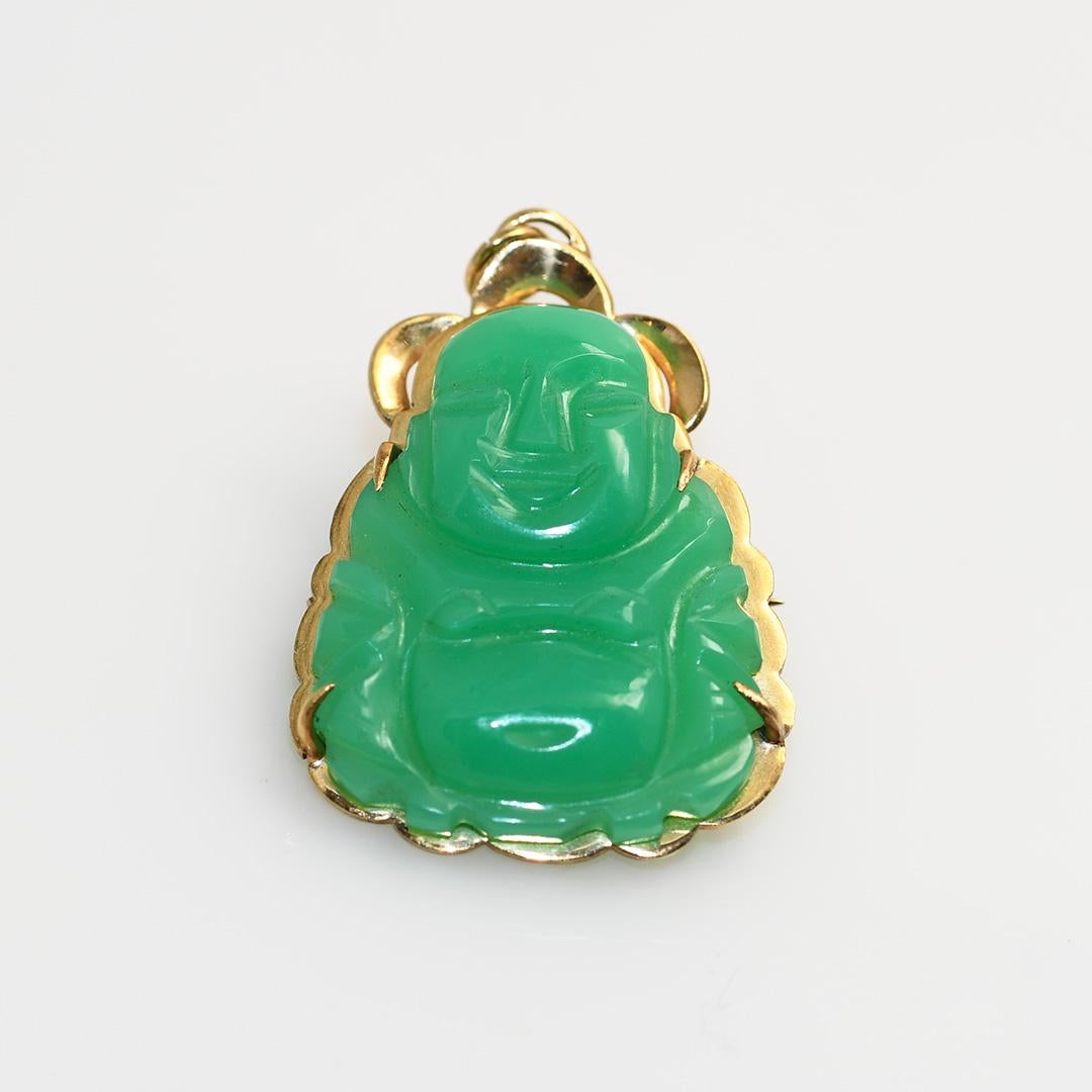 14K Yellow Gold Chrysoprase Buddha Pendant & Brooch, 4.5gr