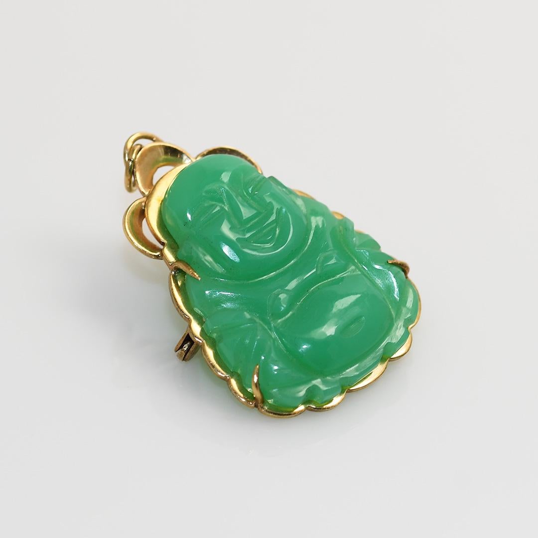 Pendentif/Broche Bouddha en or jaune 14 carats et chrysoprase, 4,5 g Unisexe en vente