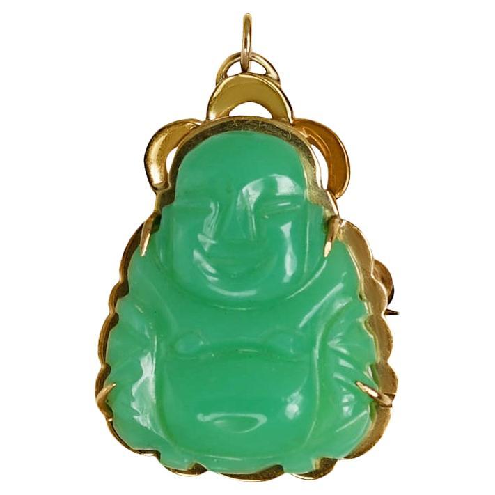 Pendentif/Broche Bouddha en or jaune 14 carats et chrysoprase, 4,5 g en vente