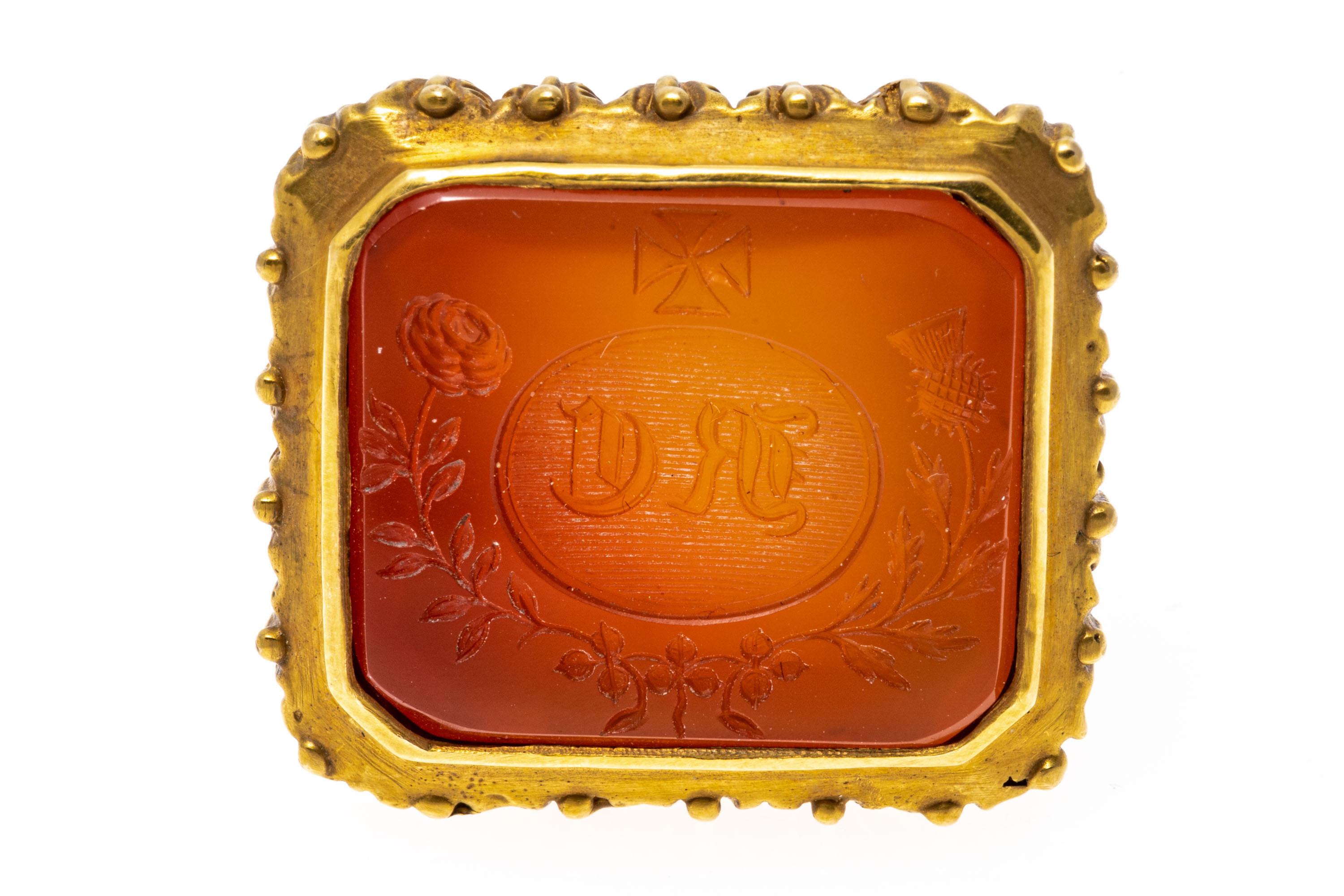 14k Gelbgold Chunky Carnelian Intaglio Wachs Siegel-Stempelring (Smaragdschliff) im Angebot