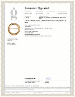 14K Yellow Gold Circle Brooch with Etched Accents 1.25 Inch