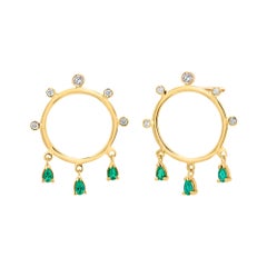 14K Yellow Gold Circle Drop Earrings with 0.65 Cts Emeralds & Diamonds 0.30 Cts