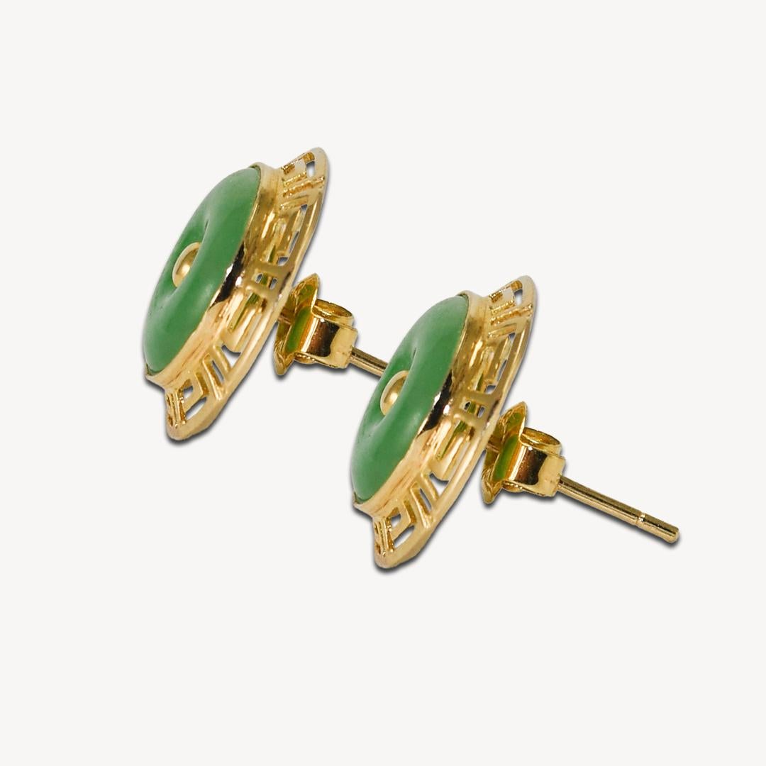 Round Cut 14K Yellow Gold Circular Jade Earrings 2.6g For Sale