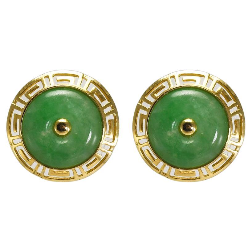 14K Yellow Gold Circular Jade Earrings 2.6g For Sale