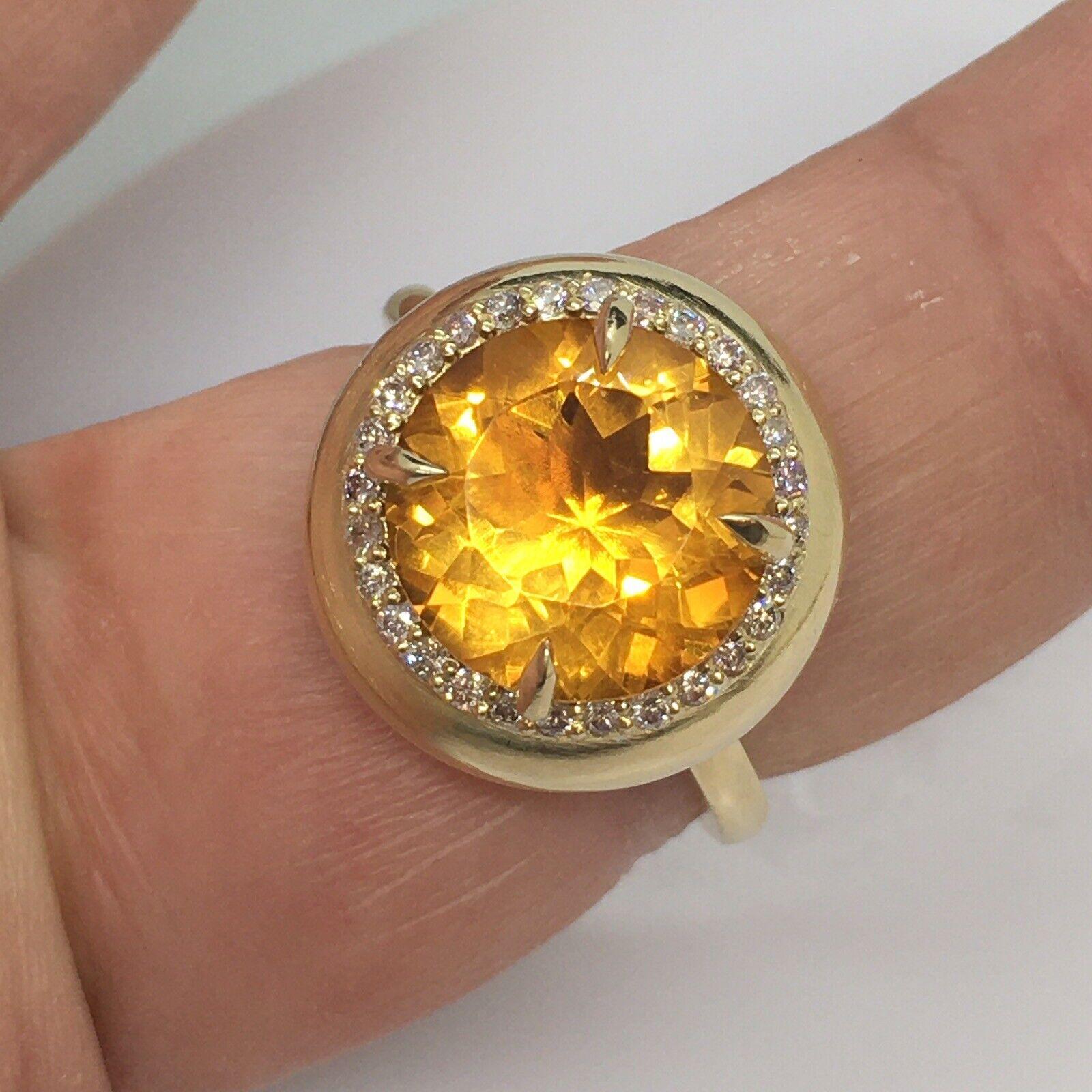Round Cut 14K Yellow Gold Citrine 1/4 Carat Total Weight Red Diamond Bombe’ Ring Size 10 For Sale