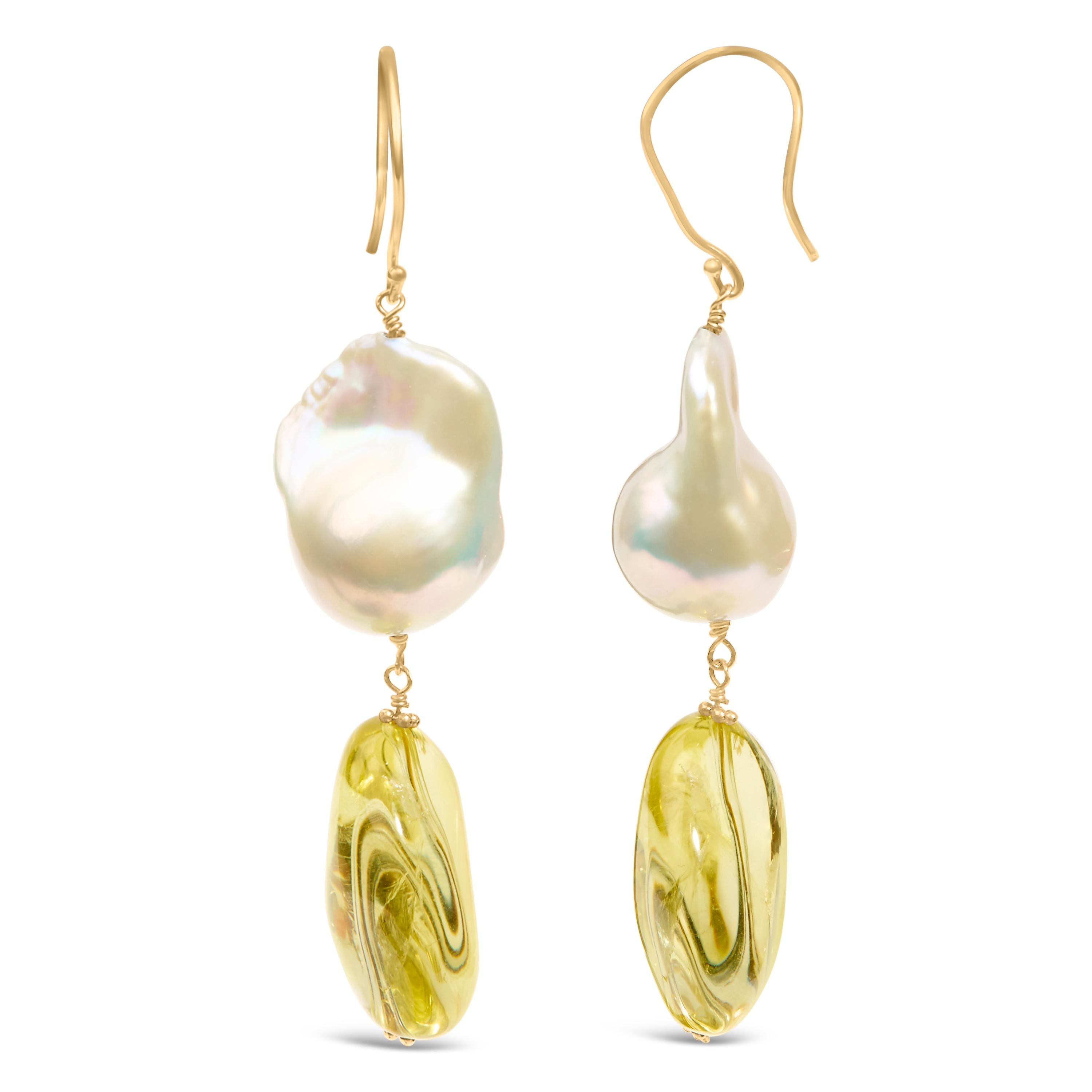 Moderno Orecchini a goccia e penzoloni in oro giallo 14K con citrino e perle barocche in vendita