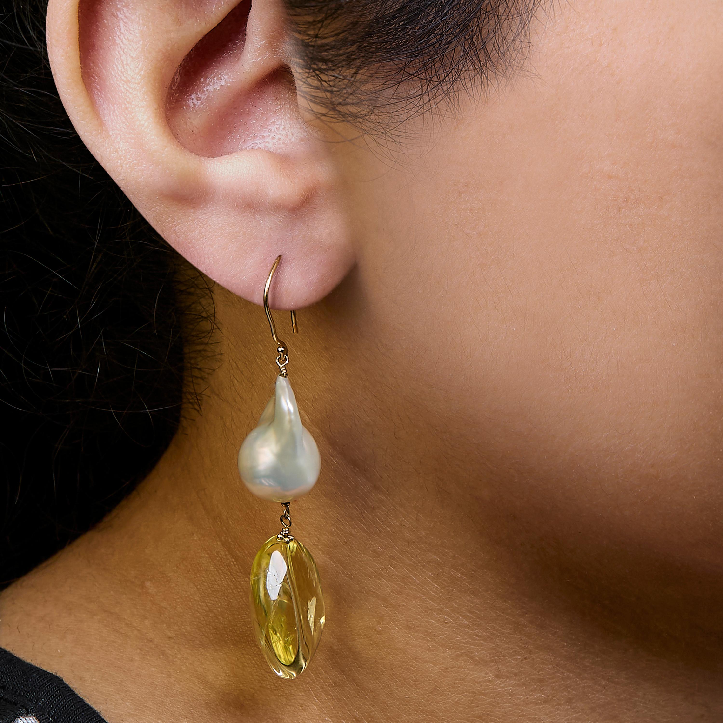Donna Orecchini a goccia e penzoloni in oro giallo 14K con citrino e perle barocche in vendita