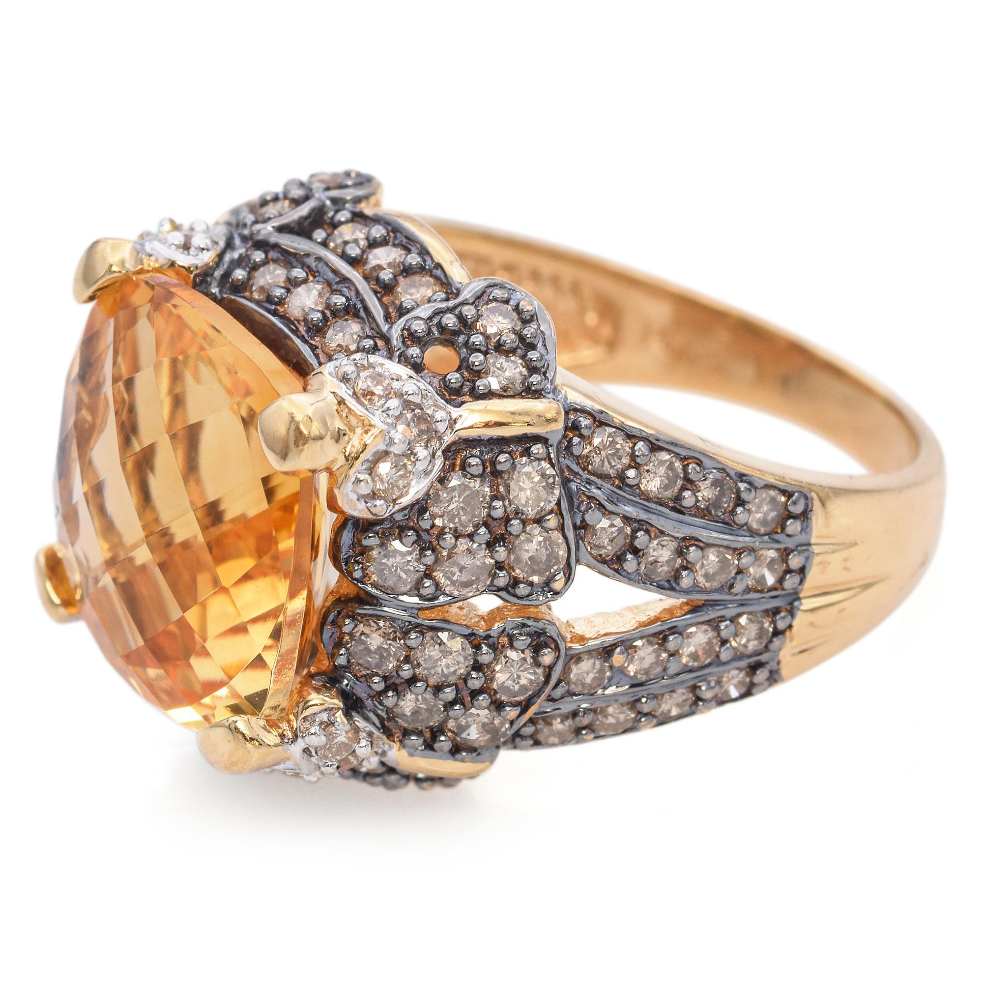 Taille mixte Bague cocktail en or jaune 14 carats, citrine et diamant champagne en vente