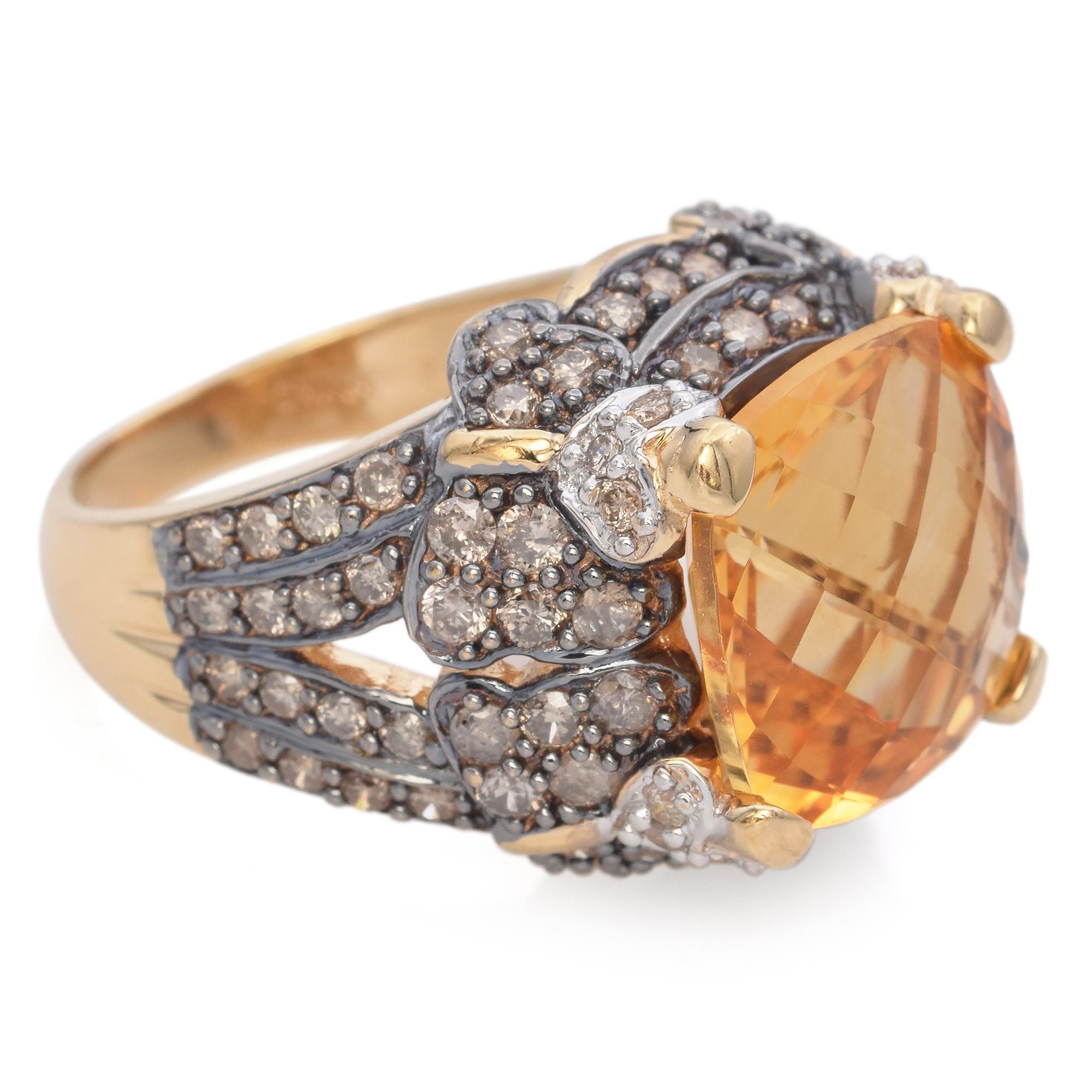 Bague cocktail en or jaune 14 carats, citrine et diamant champagne Bon état - En vente à New York, NY