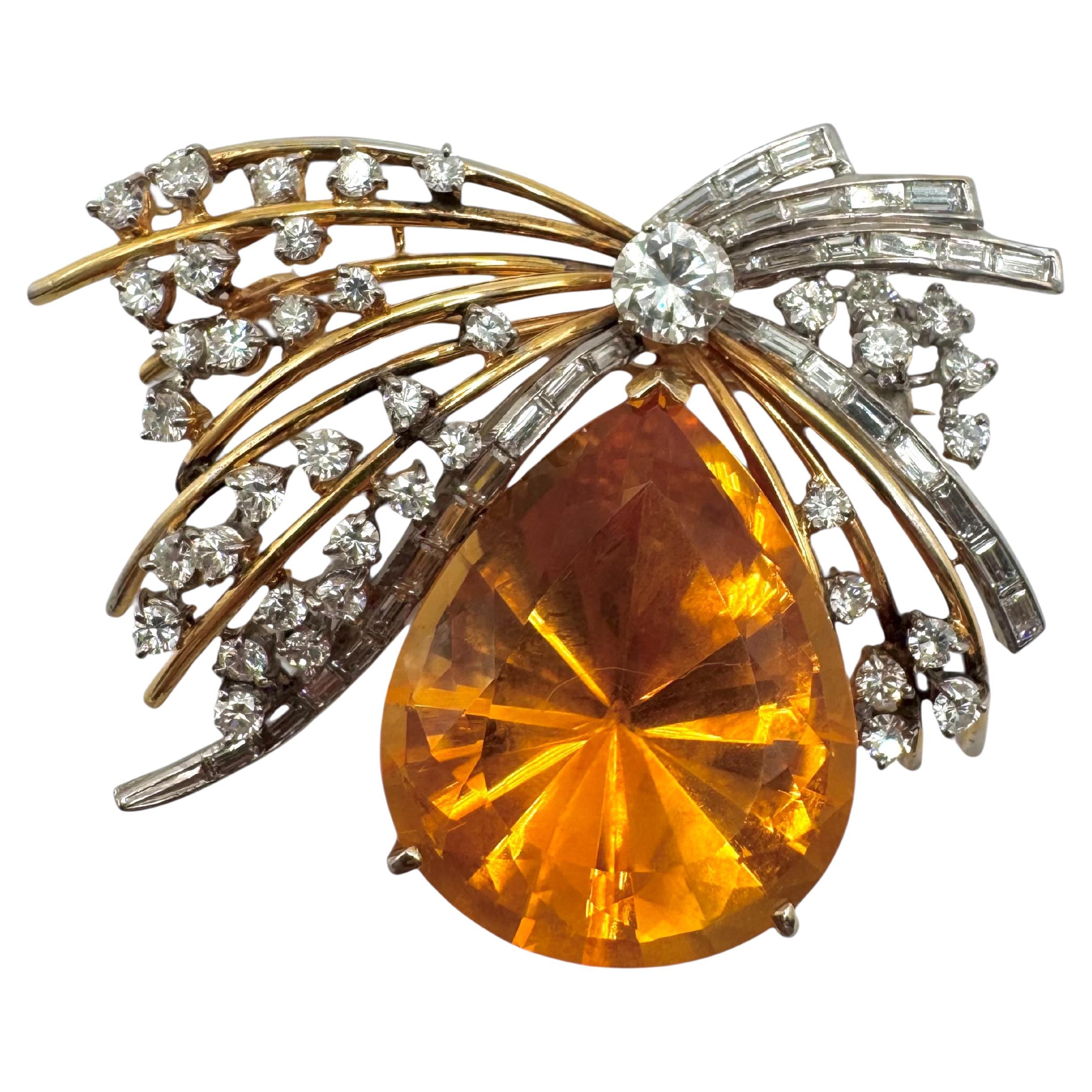 14K Yellow Gold Citrine and Diamond Brooch