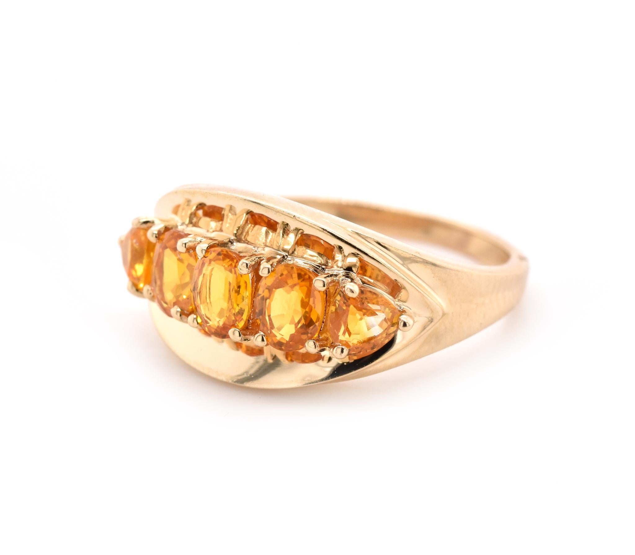 Designer: custom design
Material: 14k yellow gold
Gemstones: citrine 
Ring Size: 6 (please allow two additional shipping days for sizing requests)
Dimensions: ring top measures 9.85mm x 19.20mm
Weight: 3.6 grams

