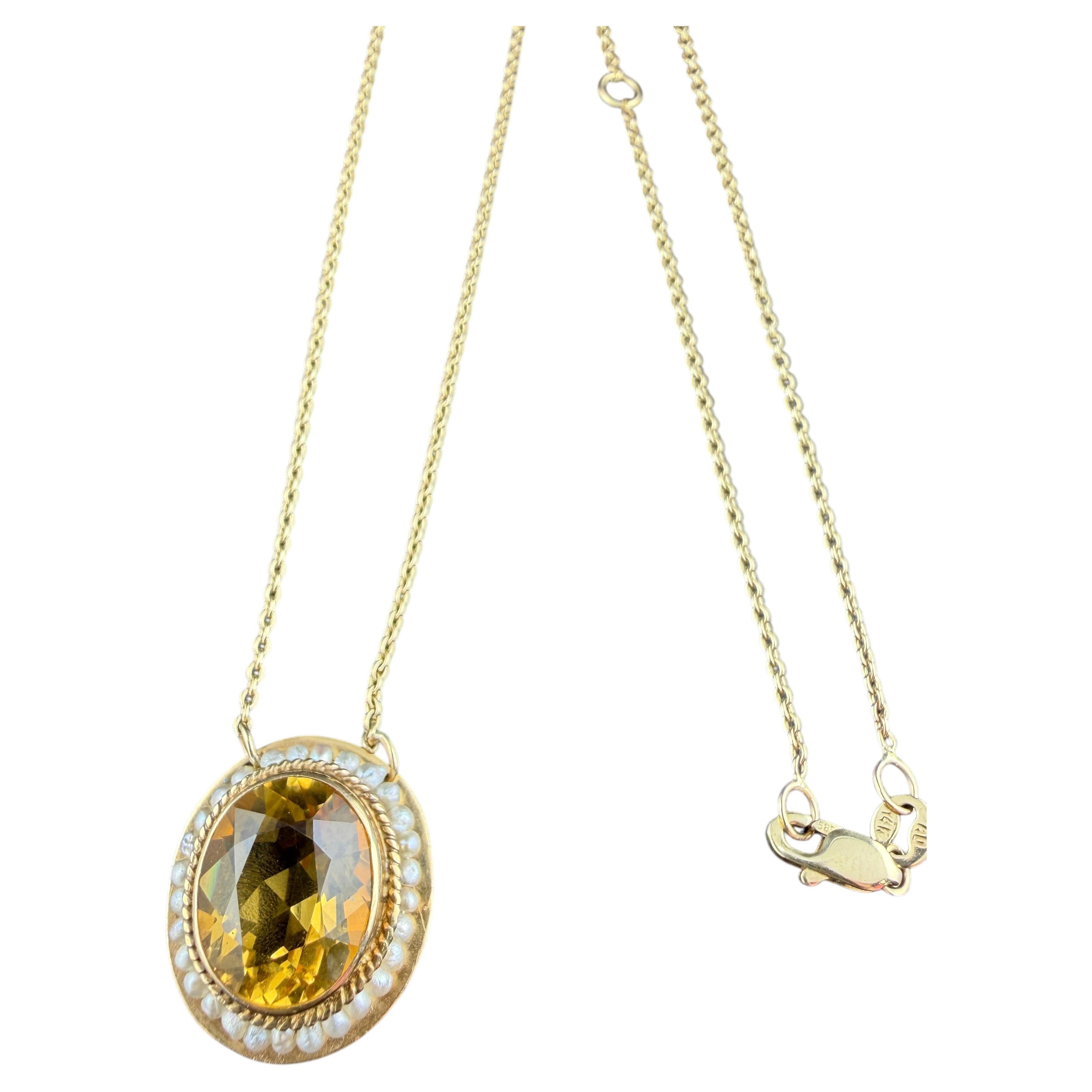 Collar de Oro Amarillo de 14k con Citrino y Perlas de Siembra
