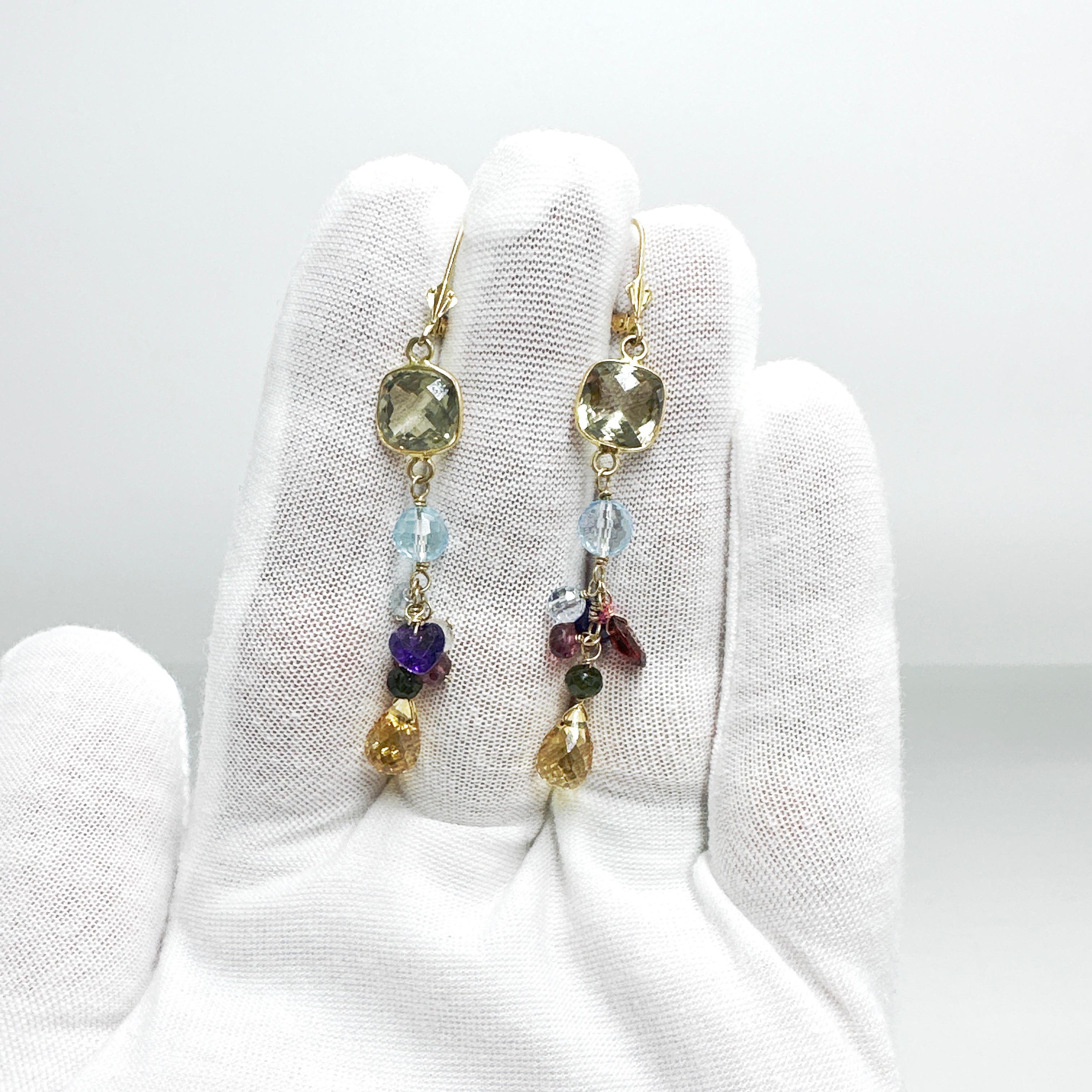 Ohrringe aus 14 Karat Gelbgold mit Citrin, Aquamarin, Amethyst, Granat und Turmalin (Kissenschliff)