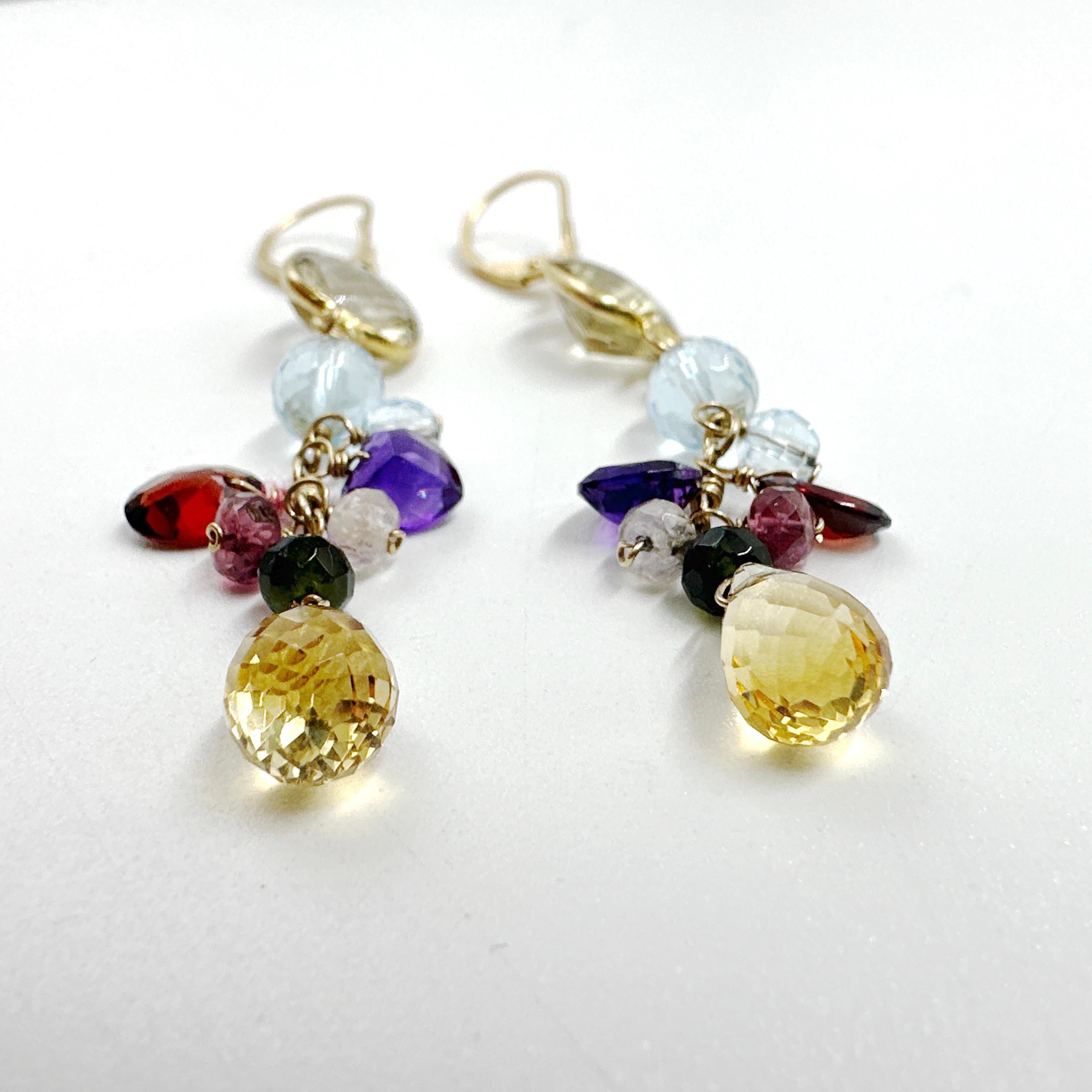 Ohrringe aus 14 Karat Gelbgold mit Citrin, Aquamarin, Amethyst, Granat und Turmalin Damen