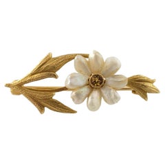 Vintage 14K Yellow Gold Citrine & Baroque Keshi Pearl Flower Motif Pin #16943