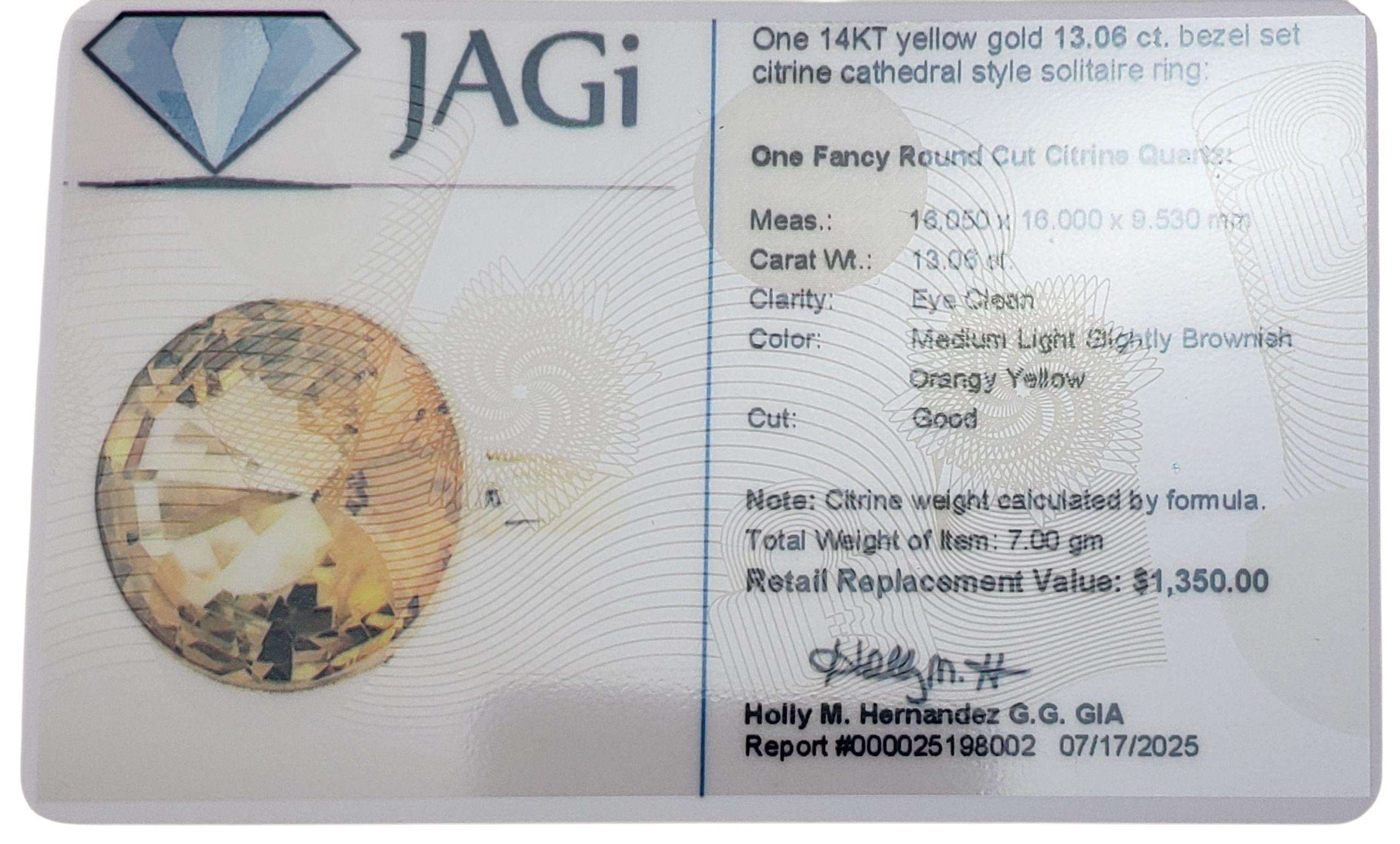 Anello solitario a cattedrale in oro giallo 14K misura 8,25 certificato JAGi #22684 in vendita 4