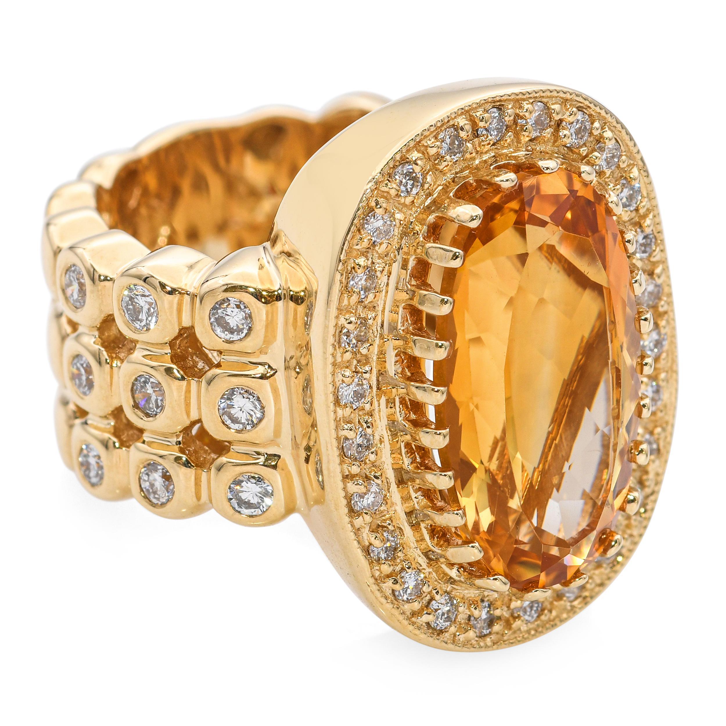 Bague cocktail en or jaune 14k avec citrine et diamant en vente 1