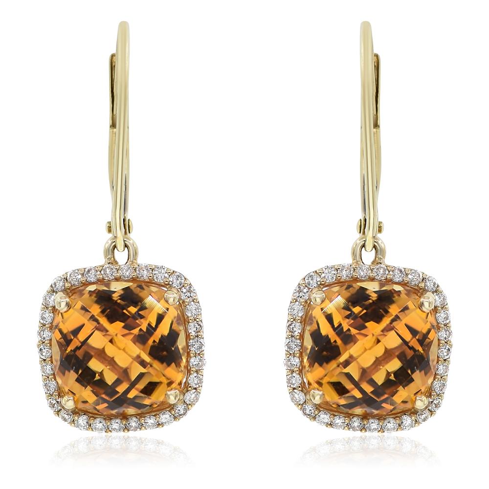 Round Cut 14K Yellow Gold Citrine Diamond Earrings For Sale