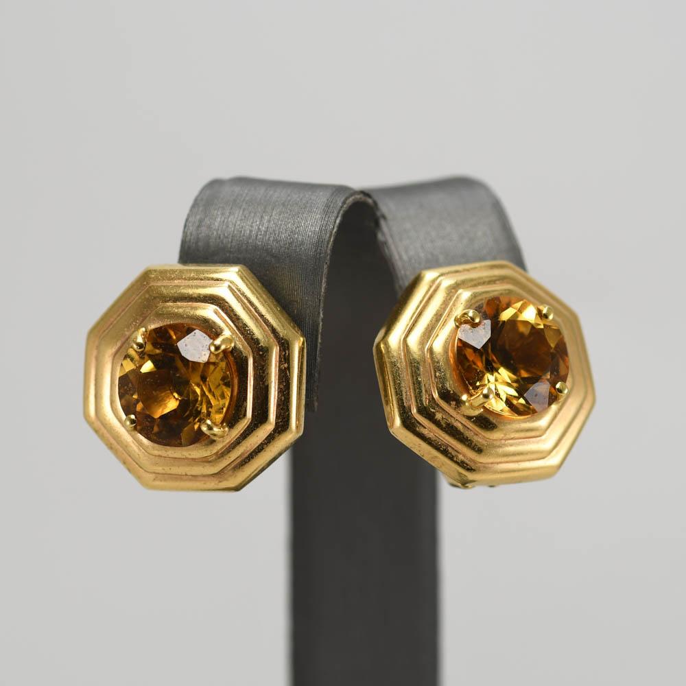 14k Yellow Gold Citrine Clip On Earrings
They measure 20mm x 20mm. 
Stamped 14k, weighs 12.7gr