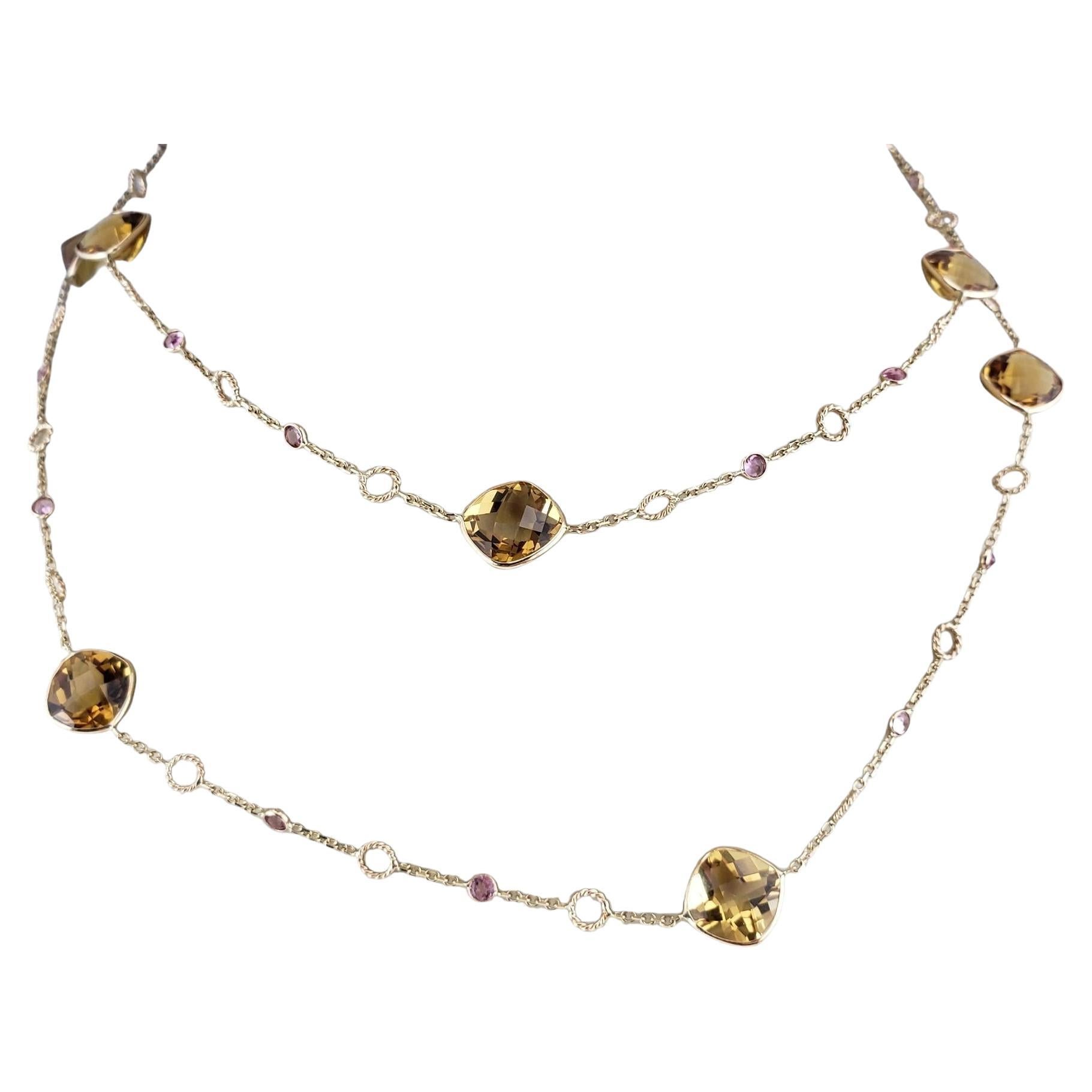 14K Yellow Gold Citrine & Pink Tourmaline Necklace 36" #17081 For Sale