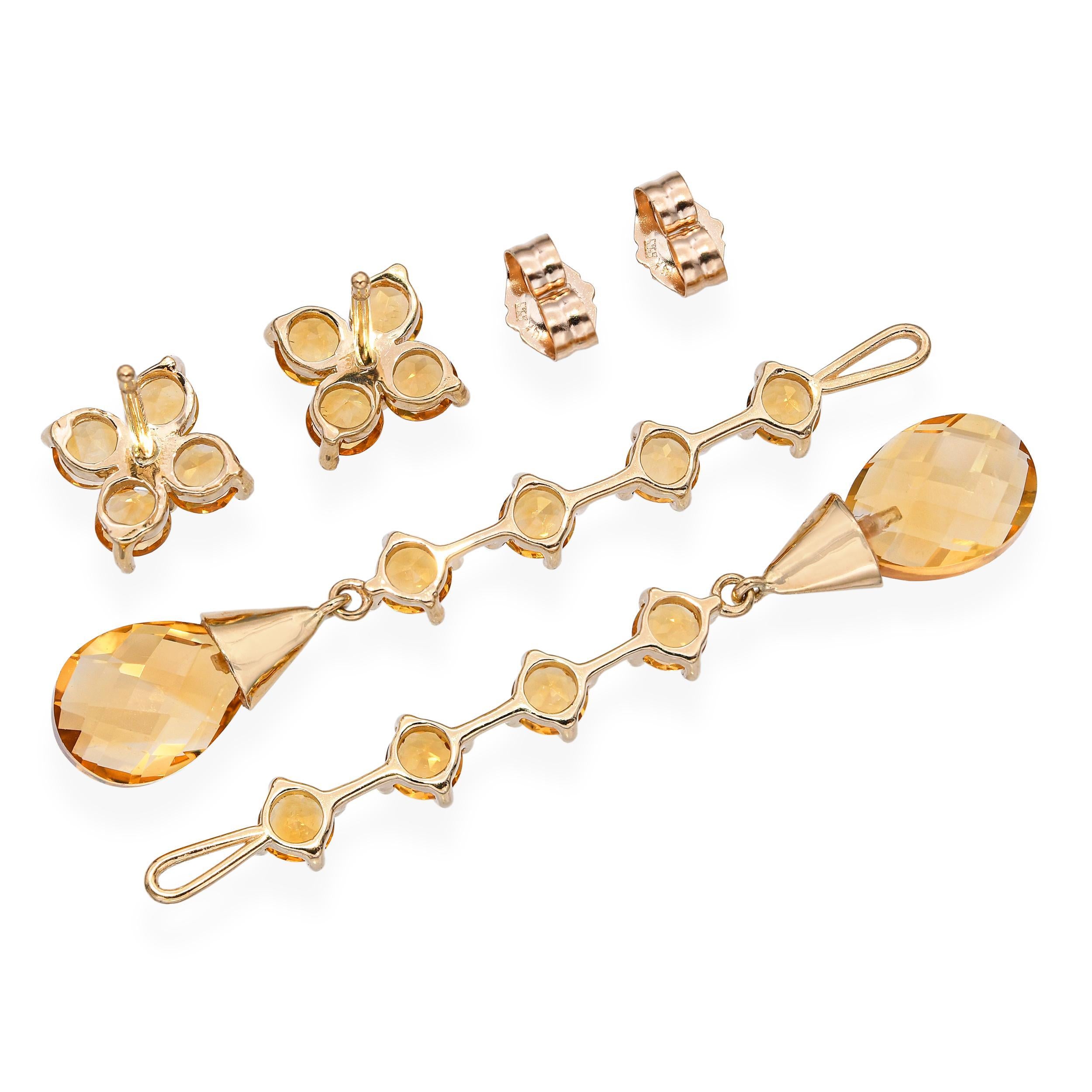 Questi splendidi orecchini in oro giallo 14K offrono due look eleganti in uno. Ogni orecchino presenta una vibrante borchia a grappolo di citrino, disposta in un motivo floreale a quattro pietre, abbinata a una giacca a goccia staccabile di citrini