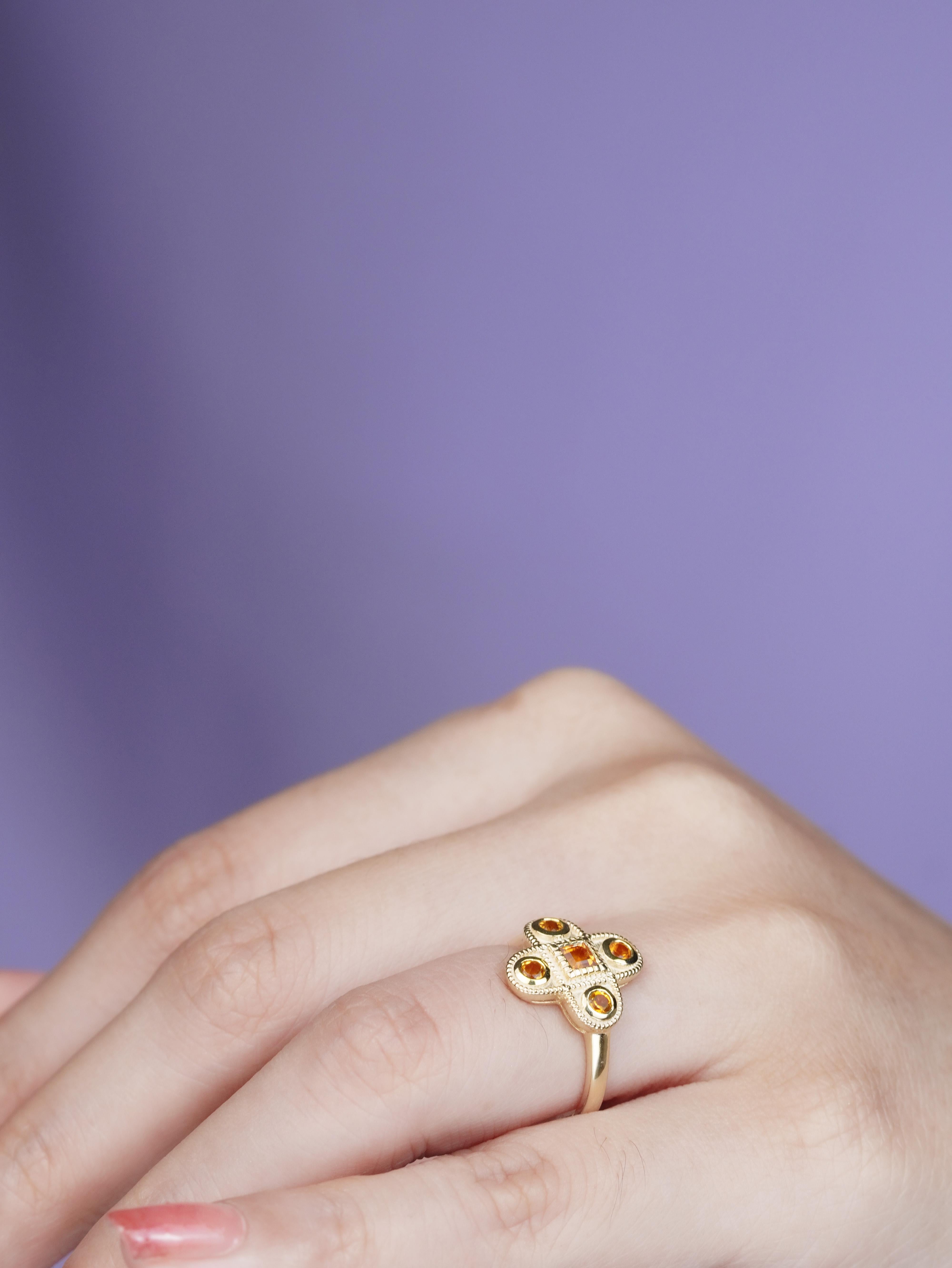 14K Yellow Gold Citrine Vintage Style Cross Cluster Ring For Sale 4