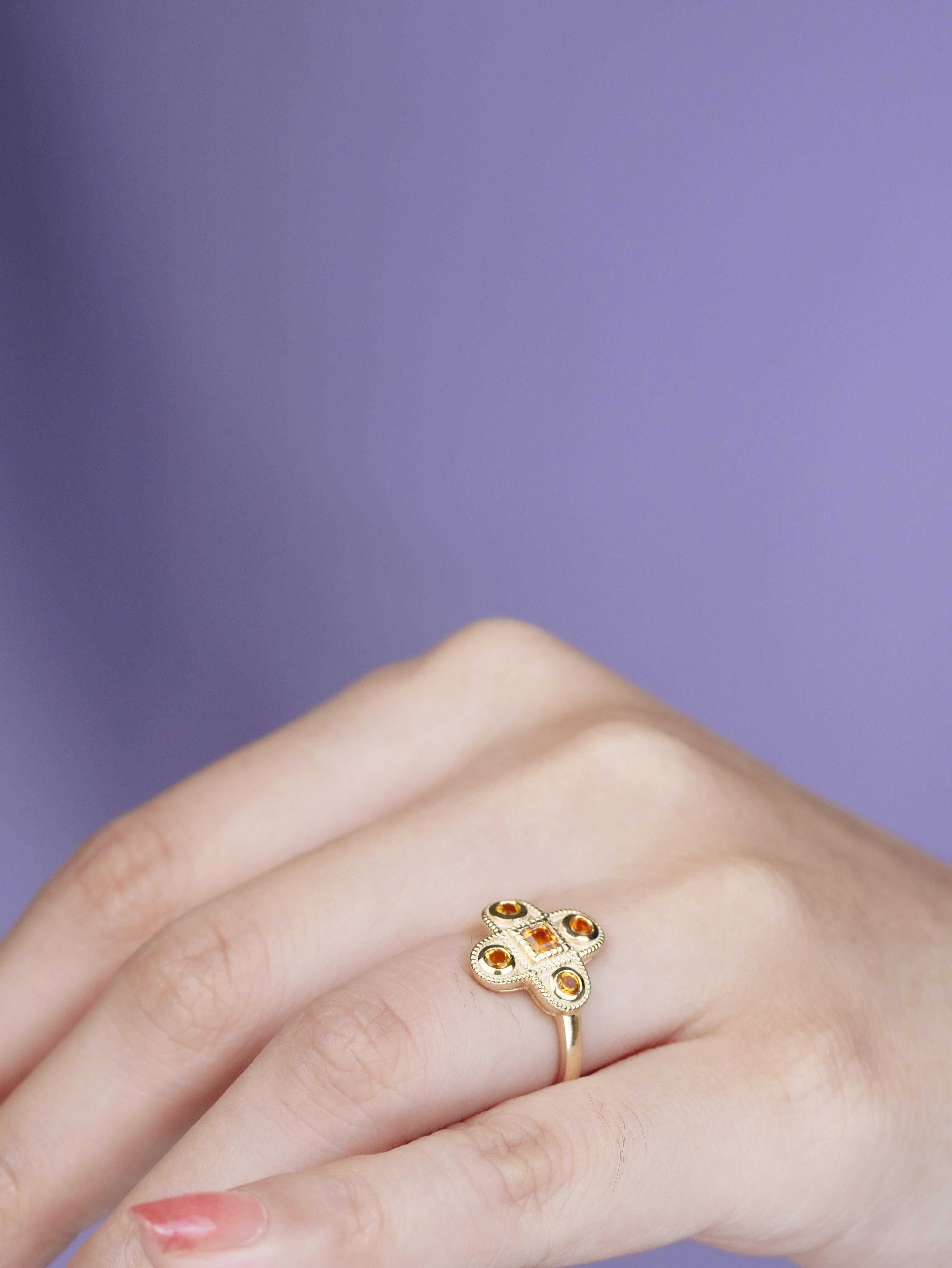 14K Yellow Gold Citrine Vintage Style Cross Cluster Ring For Sale 5